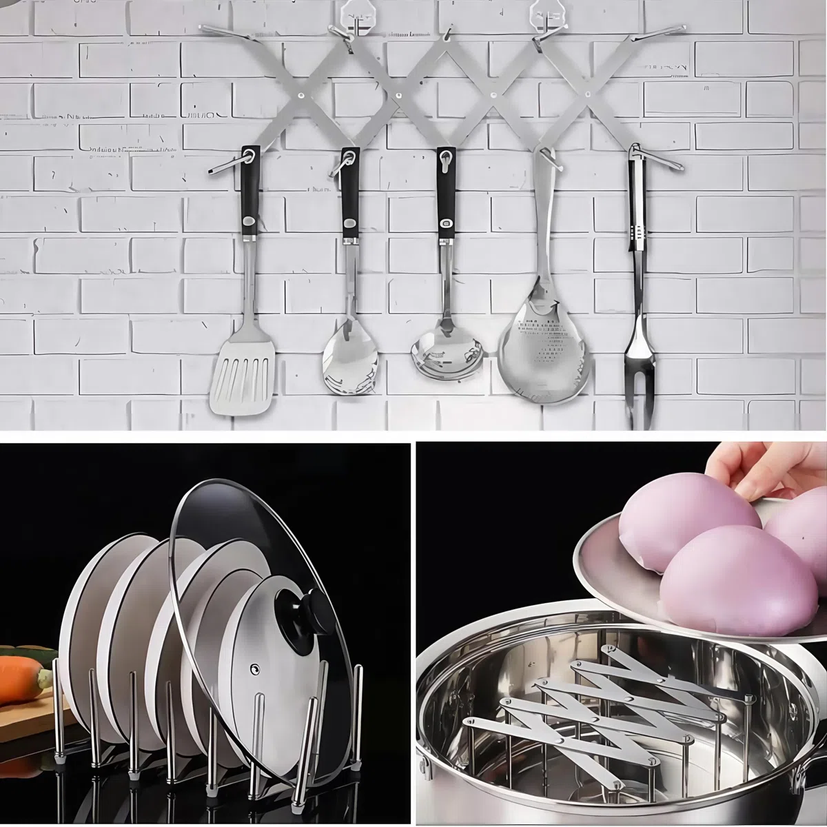 Porta BBQ in Acciaio Inox, 2 Pezzi Regolabile Retrattile Rack per Costine, Porta Coperchio, Ripiano per Barbecue per La Preparazione di Costolette O Arrosto con 2 spazzole in silicone