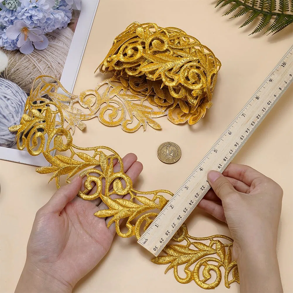 FINGERINSPIRE 2.2 Yards Trim Metallico per Sposa Oro Adesivo Ricamo Pizzo Ricamo Poliestere Trim Pizzo Floreale Artigianale per Cucire Costumi Decorazioni per La Casa Accessori