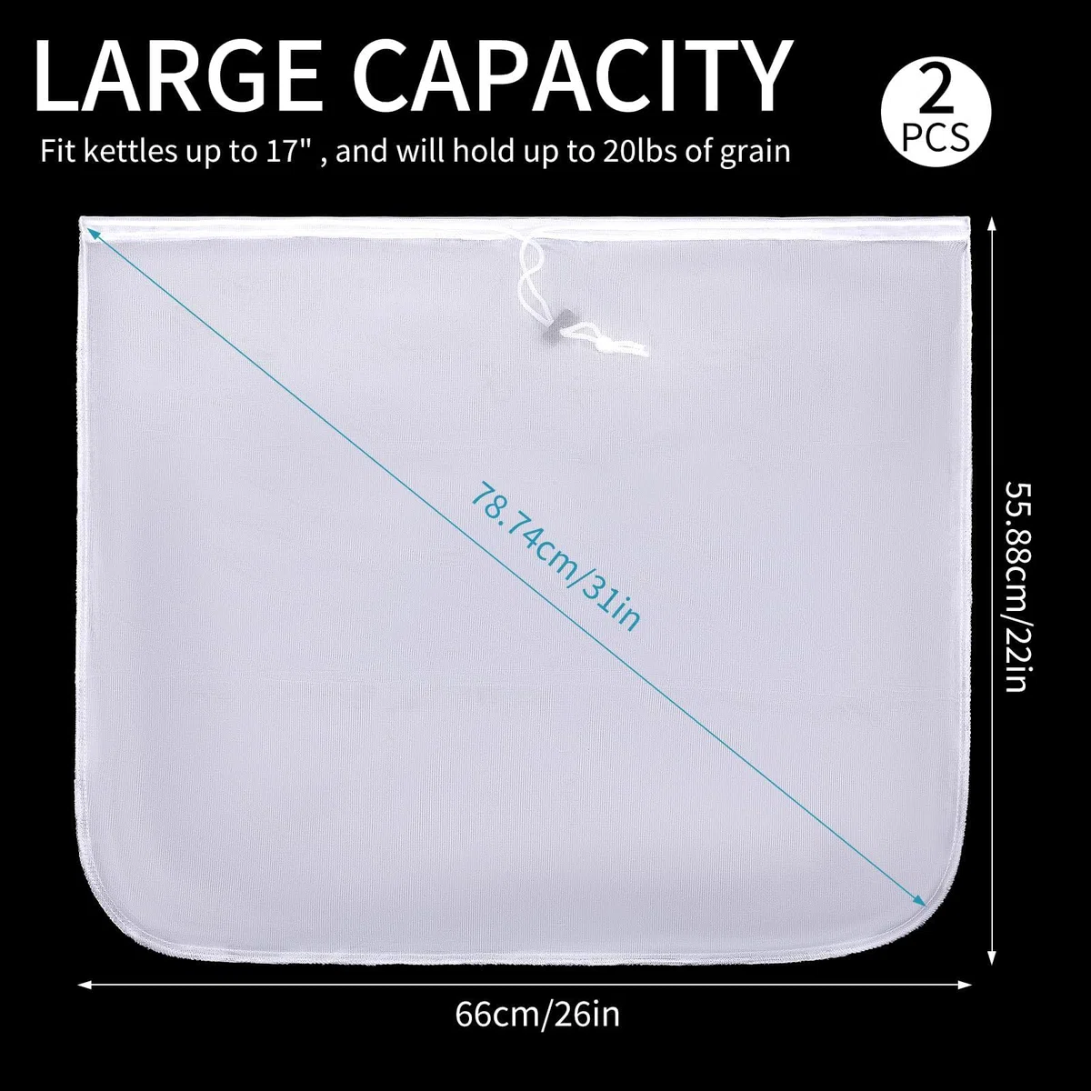 2 sacchetti filtranti da 250 micron, 66 x 55,9 cm, sacchetti extra large riutilizzabili in nylon a rete fine con coulisse, sacchetti lavabili per la produzione di luppoli, frutta, cereali, vino, birra