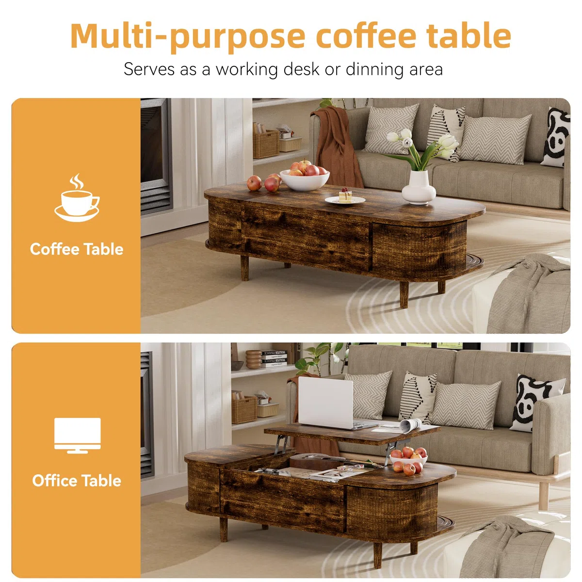 Tavolino da Salotto con Piano Sollevabile – Tavolino da Caffè Moderno in Legno con Anta Scorrevole e Contenitore Nascosto, ideale per Soggiorno, Piccoli Spazi e Home Office