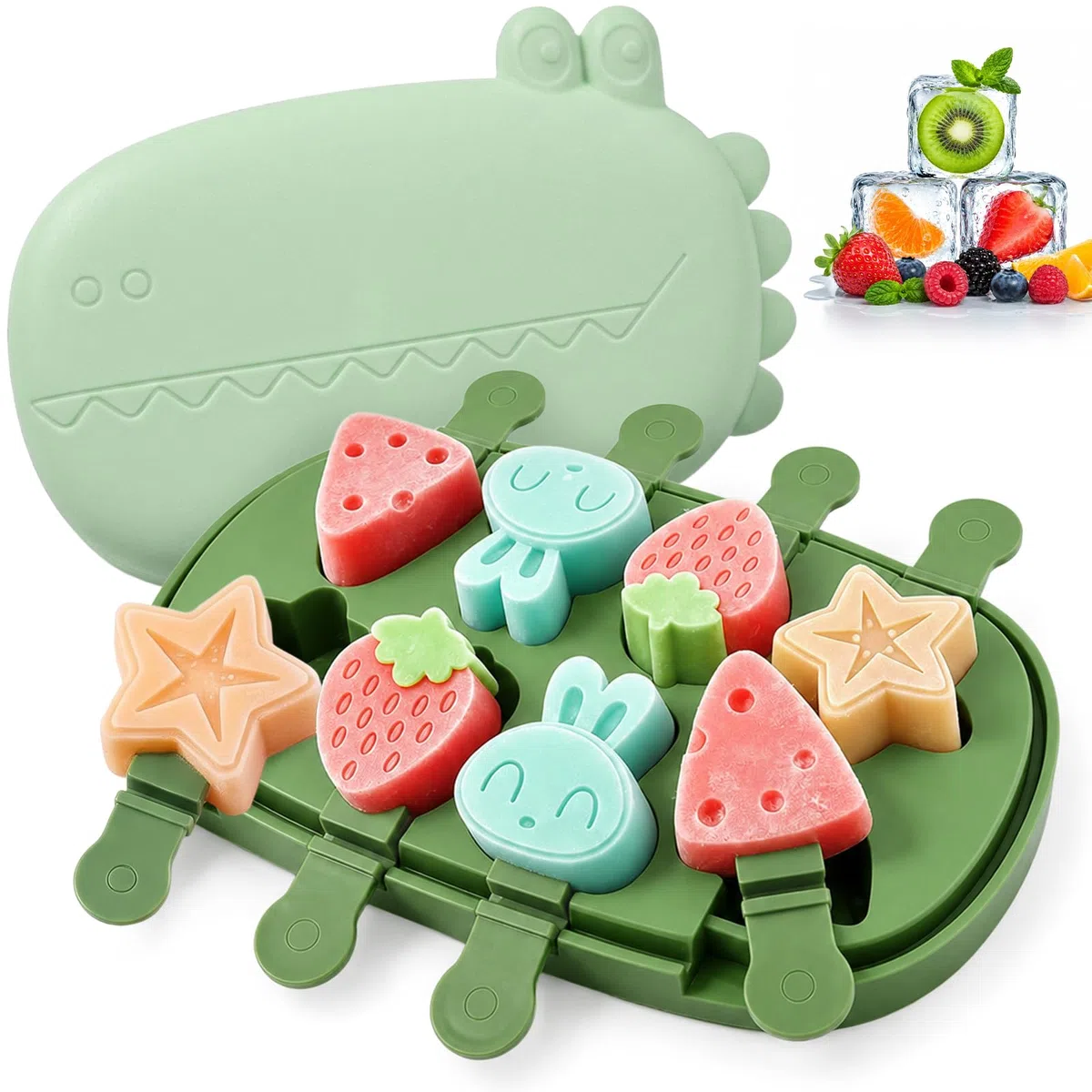 Simpatici Stampi per Ghiaccioli, Stampo In Silicone a Forma di Coccodrillo con Coperchio e Bastoncini, 8 Cavità, senza BPAper l'estate, Feste, Fai da te (Stile A)