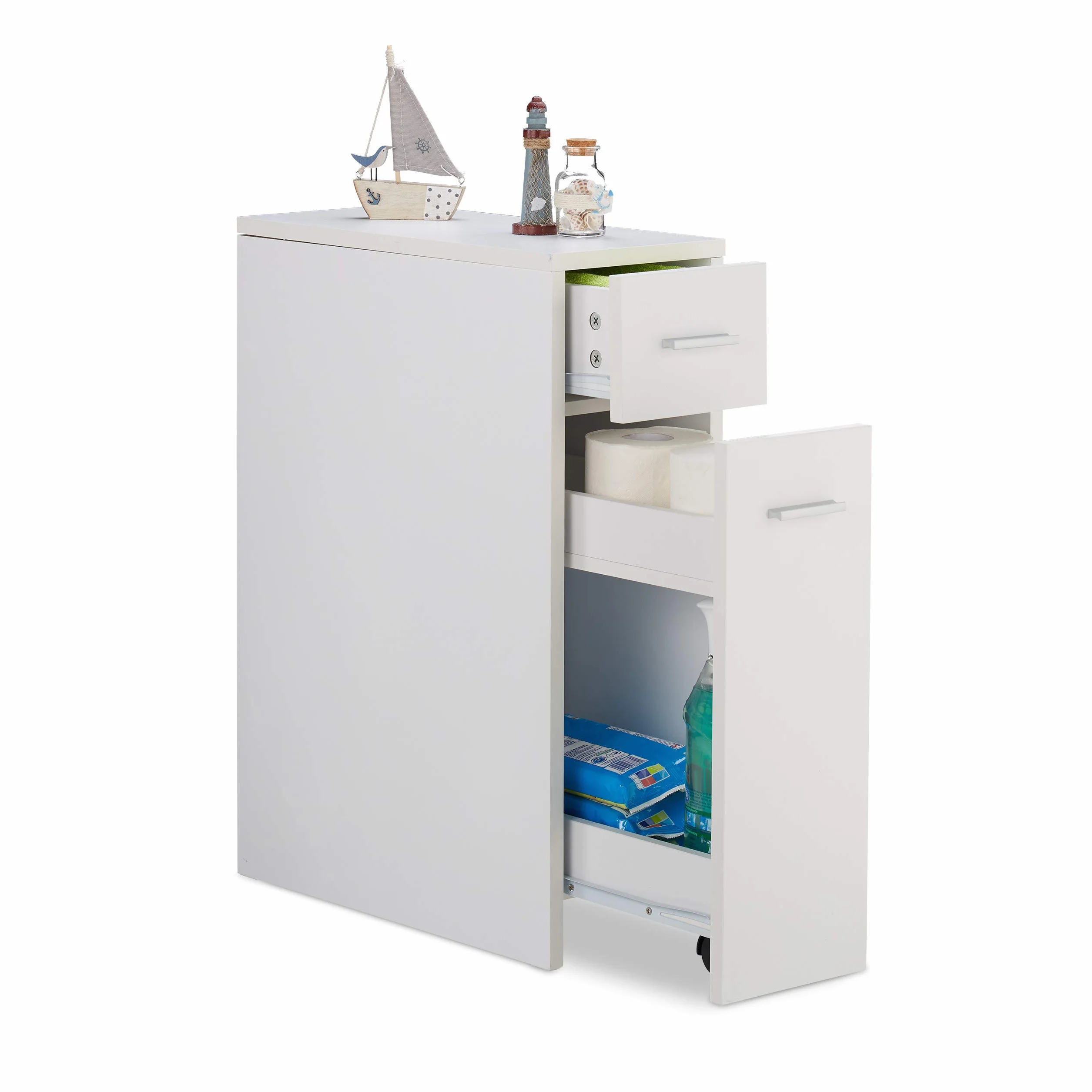 Relaxdays Mobile Salvaspazio Alto & Stretto, 2 Cassetti, Bagno, Cucina, Salotto, Compatto a Colonna,61,5x20x45 cm,bianco