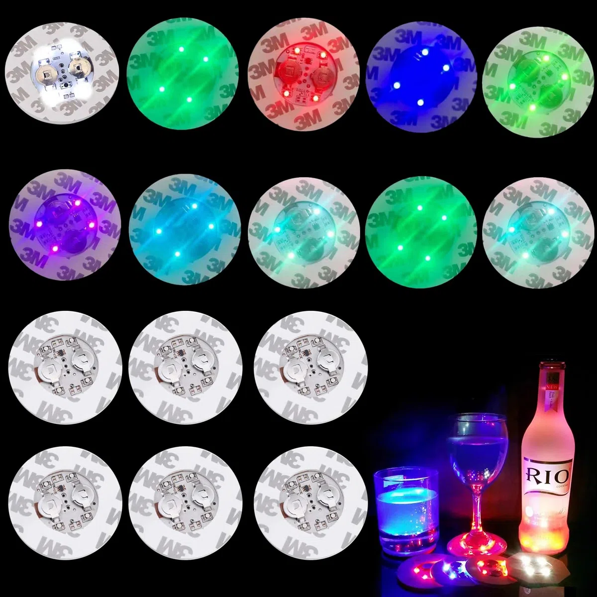 Niziroo Sottobicchieri a LED Adesivi luminosi autoadesivi: 16 sottobicchieri a LED,adesivi a LED,luci adesive a LED,sottobicchieri a LED a 7 colori,luci adesive a LED Boccali autoadesivi per caffè