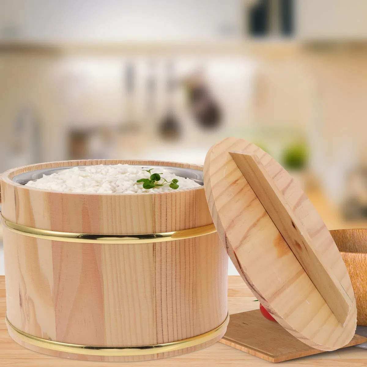 Barile di riso al vapore in legno, ciotola portatile per sushi, riso, con coperchio, contenitore rotondo per riso, budino, tofu, riso, 16 x 16 x 11 cm