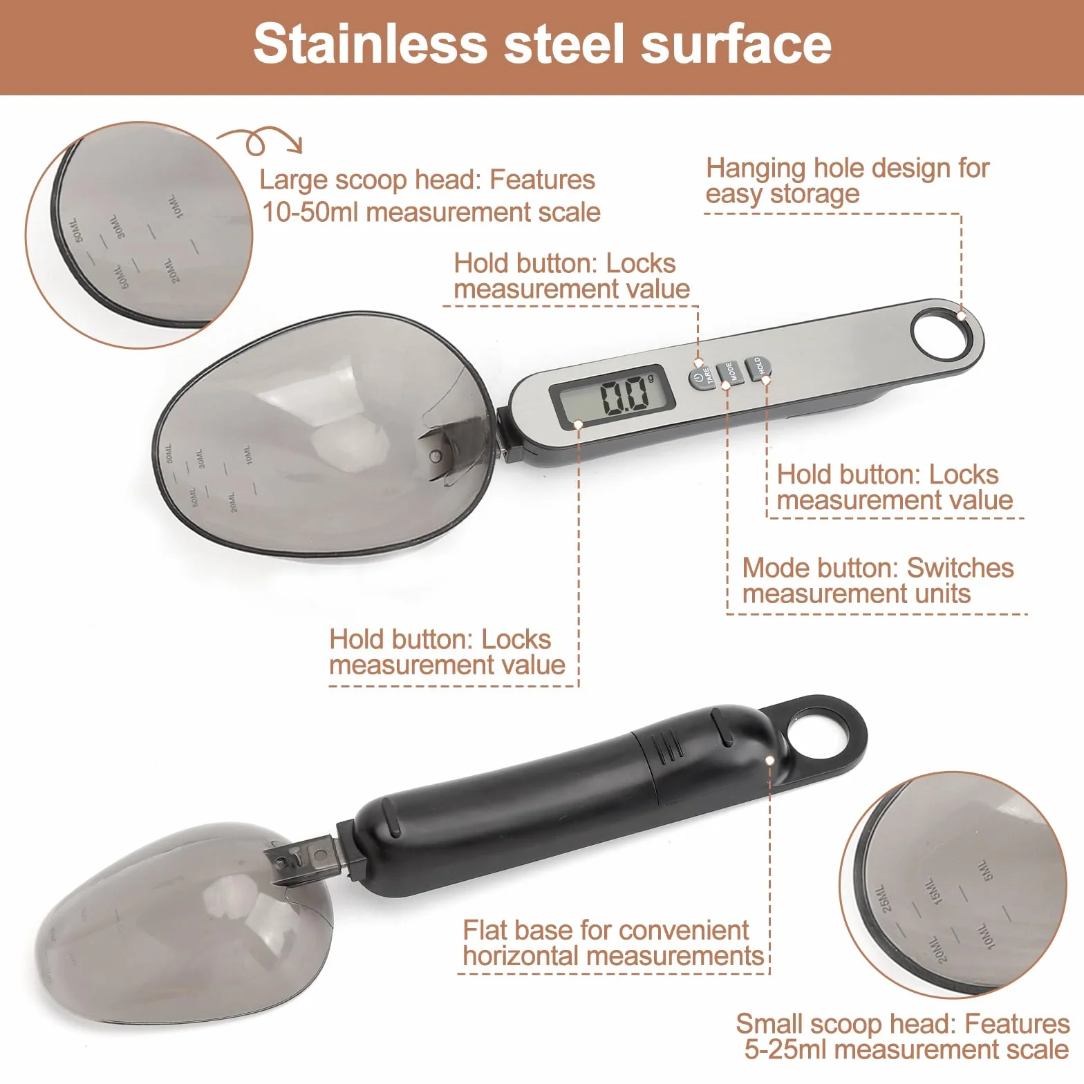 Cucchiaio bilancia digitale precisione 2 testa a cucchiaio diverse misure da 0,1g a 500g frontale in acciaio inossidabile argentato electronic spoon scale multifunzionale con diverse unità di misura