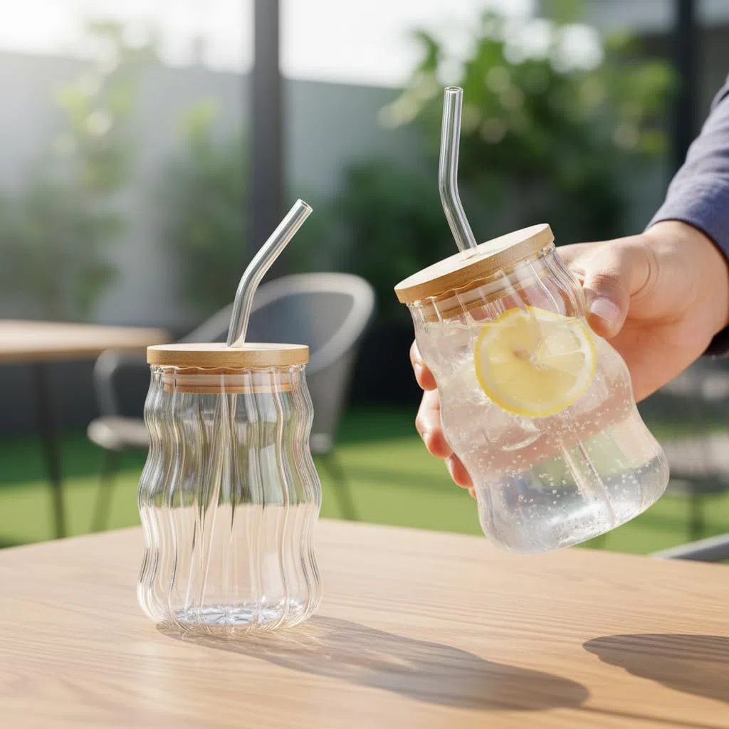 2PCS Bicchieri con Coperchio e Cannuccia in Vetro Stile Vintage,500ML Bicchiere da Long Drink con Cannuccia, Cocktail Vetro, Bicchieri da Caffè Adatto Frappè