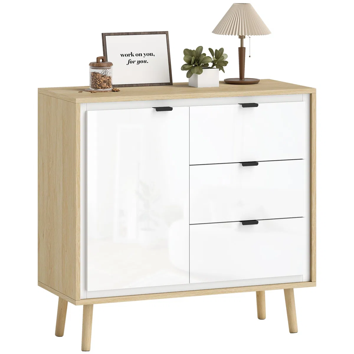 HOMCOM Credenza Cucina con 3 Cassetti e Armadietto, Mobile Cucina Moderno con Ripiano Regolabile, Credenza Buffet per Soggiorno, Sala da Pranzo e Salotto, 80x35x77 cm, Bianco Lucido e Rovere