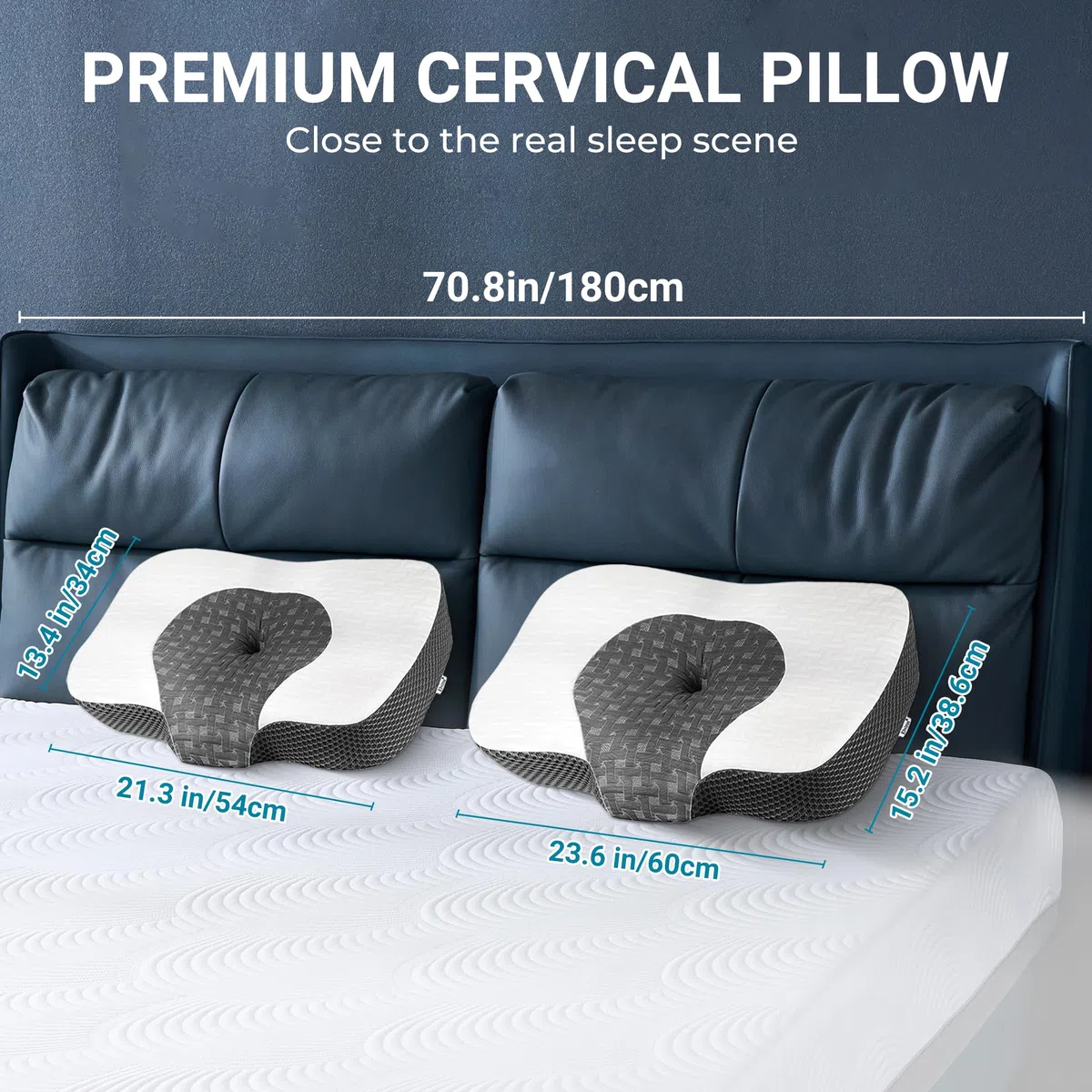 Elviros Cuscino in Memory Foam Ortopedico Cervicale per Dolore al Collo Cuscino Ergonomico per Dolore alla Spalla Cuscino di Sostegno del Collo, Altezza regolabile, 59 x 40.5 x 11.5/13.5 cm, Blu
