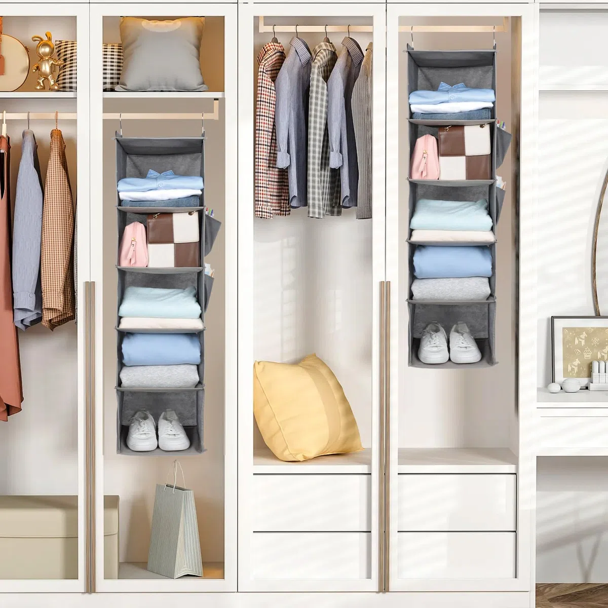 Cozary Organizer Armadio da Appendere 5 Ripiani, Organizzatore Armadio Pieghevole, Organizer da Appendere con Ganci in Metallo, per Camera da Letto- Grigio