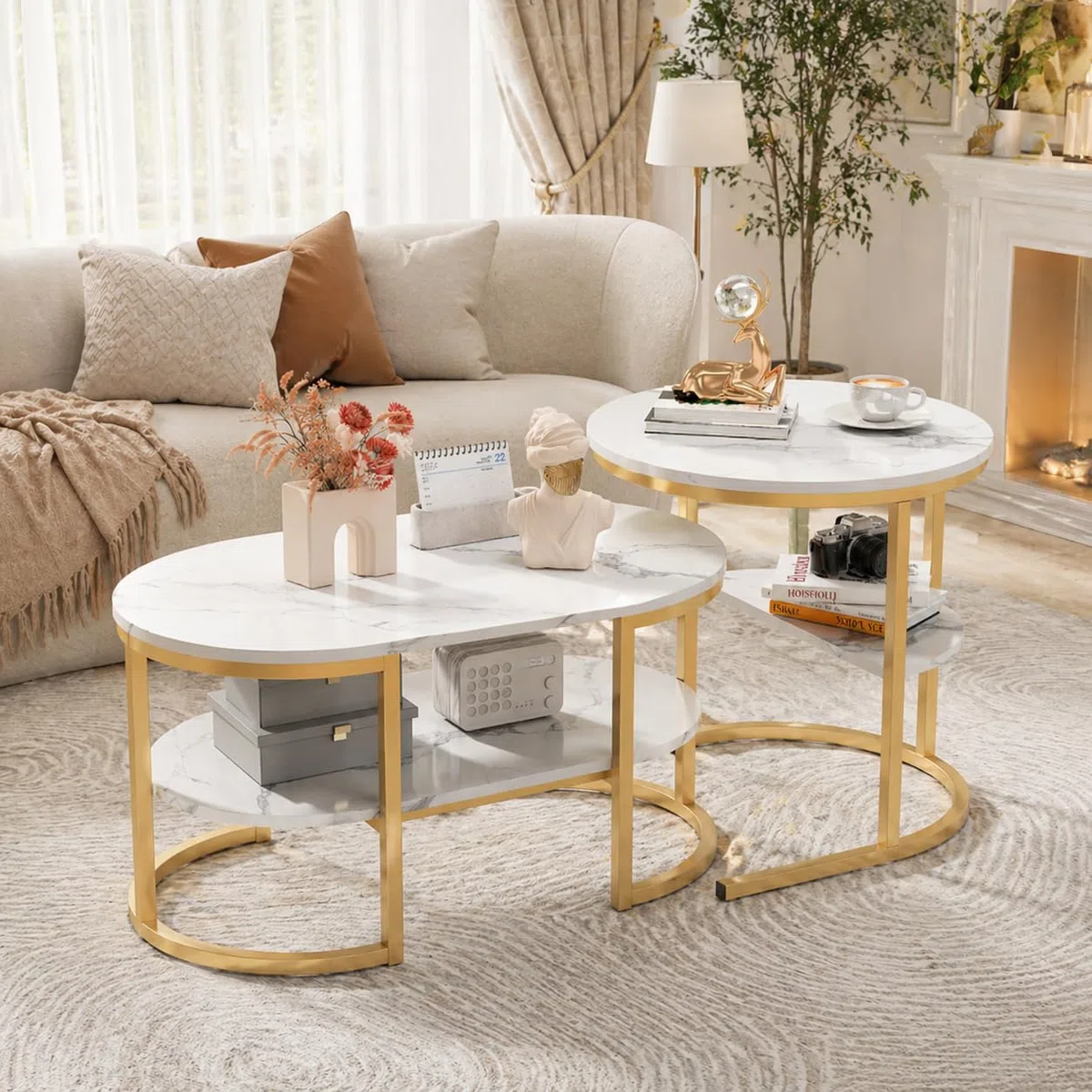 Set di 2 tavolini ovali, set di 2 tavolini 2 in 1 con spazio di archiviazione, tavolino in marmo effetto tavolino da salotto per soggiorno, balcone e ufficio (ovale, bianco + oro)