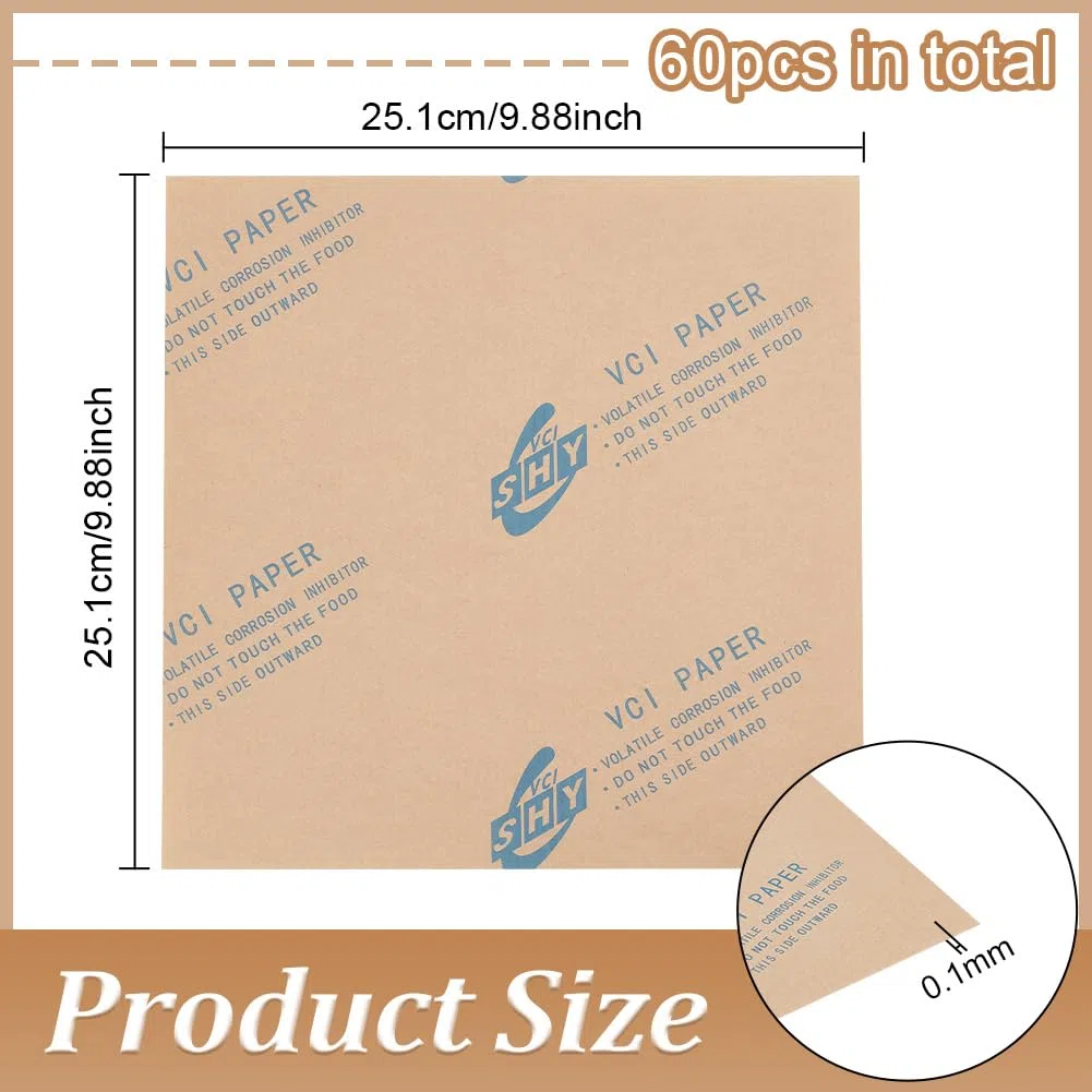 BENECREAT 60 fogli di carta antiruggine, 25 x 25 cm, spessore 0,1 mm, per proteggere gioielli, metallici, strumenti elettronici e musicali