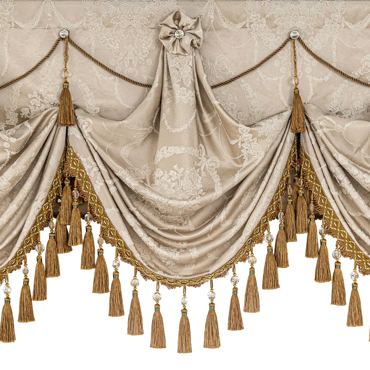 Mantovana a Cascata per Finestre, Mantovana Damascata con Nappe, Tenda Corta Jacquard per Camera da Letto Soggiorno Cucina 1 Pezzo (Larghezza 100cm, Sabbia)