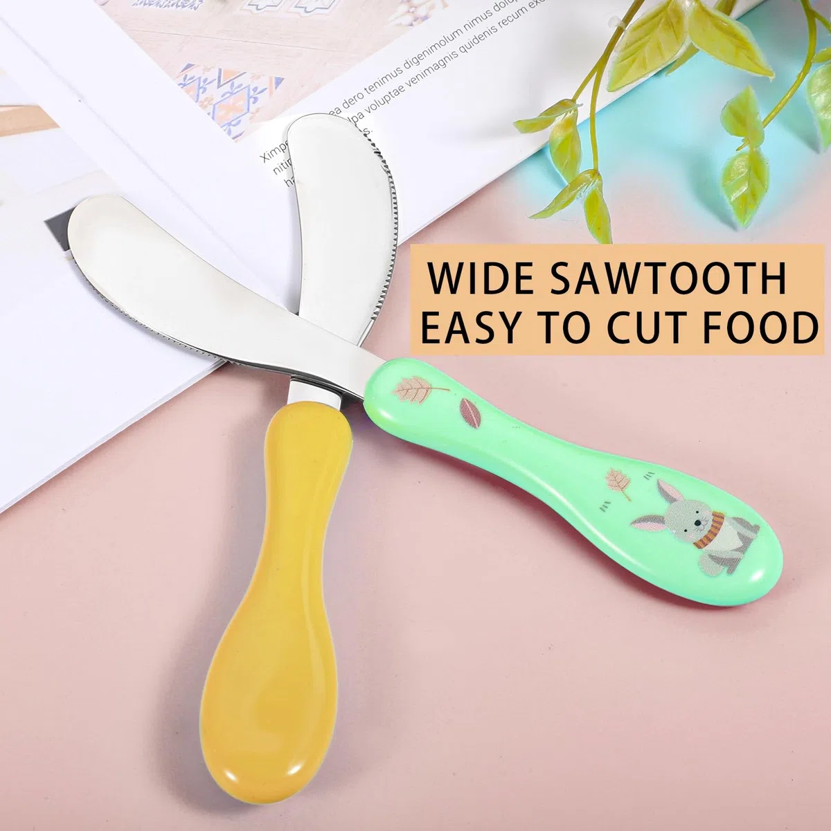 Set posate per bambini in acciaio inox, 6 pezzi posate per bambini con motivo carino, 2 forchette, 2 cucchiai, 2 coltelli, posate da bambino in manico rotondo per ragazzi e ragazze (giallo, verde)