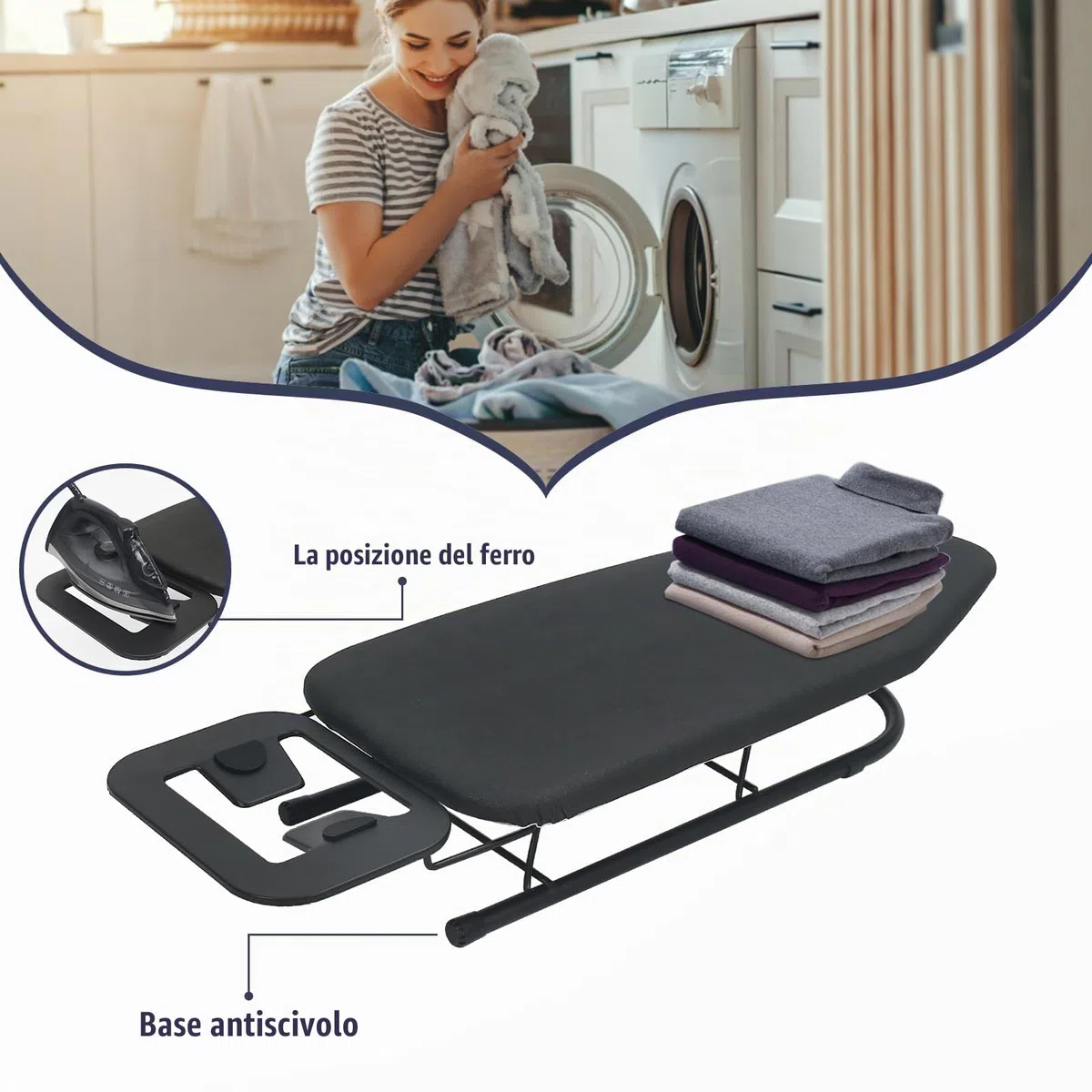 Rainberg Asse da stiro da tavolo, design pieghevole piccolo, gambe pieghevoli antiscivolo, rivestimento in 100% cotone con strato in schiuma, poggia ferro da stiro a vapore, leggero, spazio limitato,