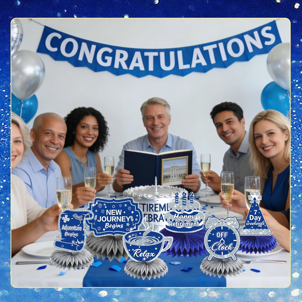 10 Pezzi Decorazioni per Festa di Pensionamento Blu Argento Decorazione Tavolo Pensionamento Nido D’Ape Centro Tavola Felice Addio al Lavoro Decorazioni per Uomi
