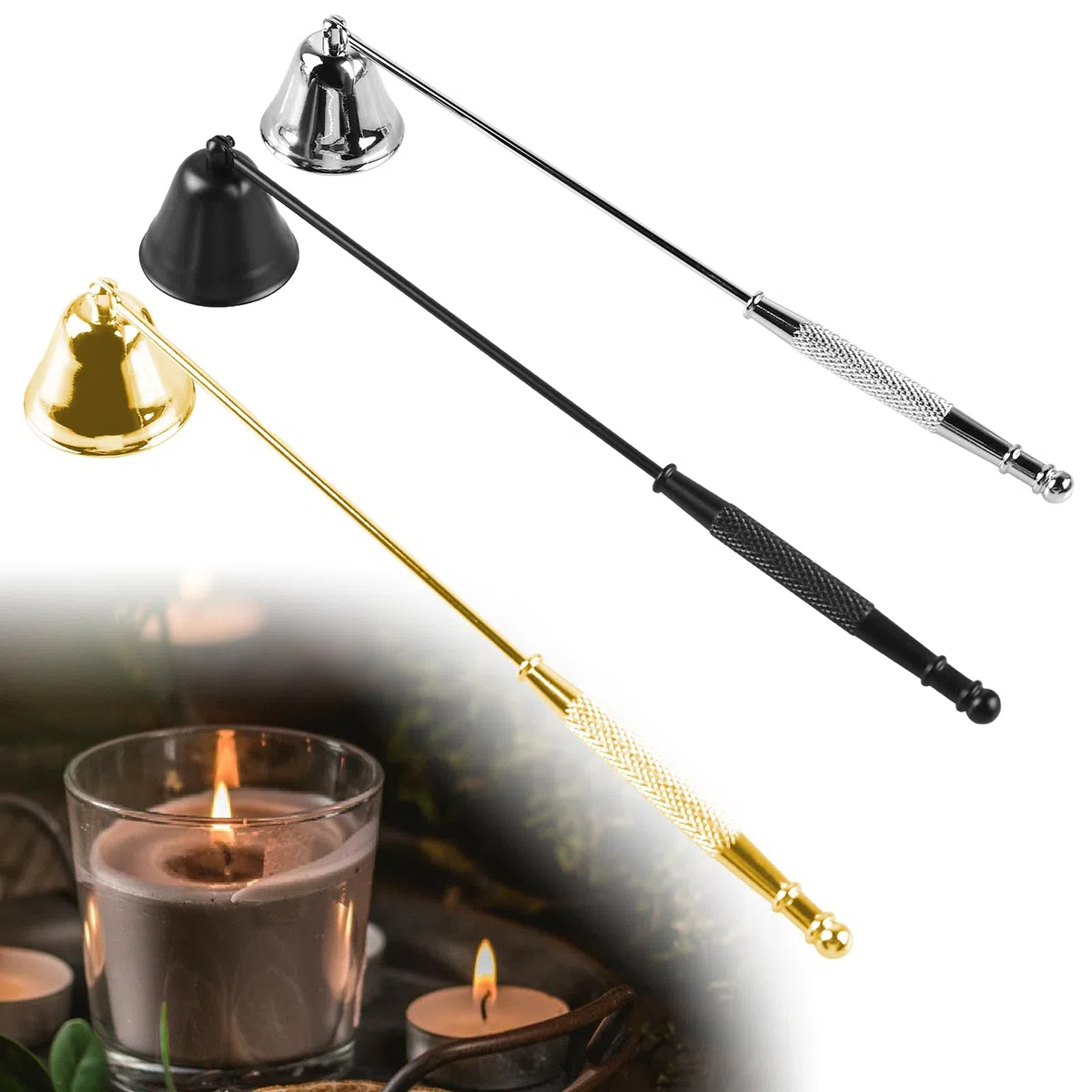 BORDEAG 3 Pezzi Spegni Candela Spegnicandela in Acciaio Inossidabile Candle Snuffer con Manico Lungo, Spegnifiamma per Candele Campana per Candele Regali di Natale Decorazione