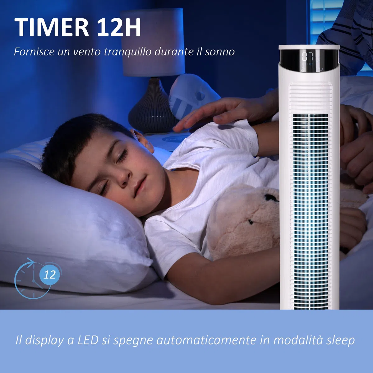 HOMCOM Ventilatore a Torre 45W a 3 Modalità e 3 Velocità con Timer da 12h, Ventilatore da Terra in ABS e Alluminio con Telecomando, Ø31.5x93 cm, Bianco