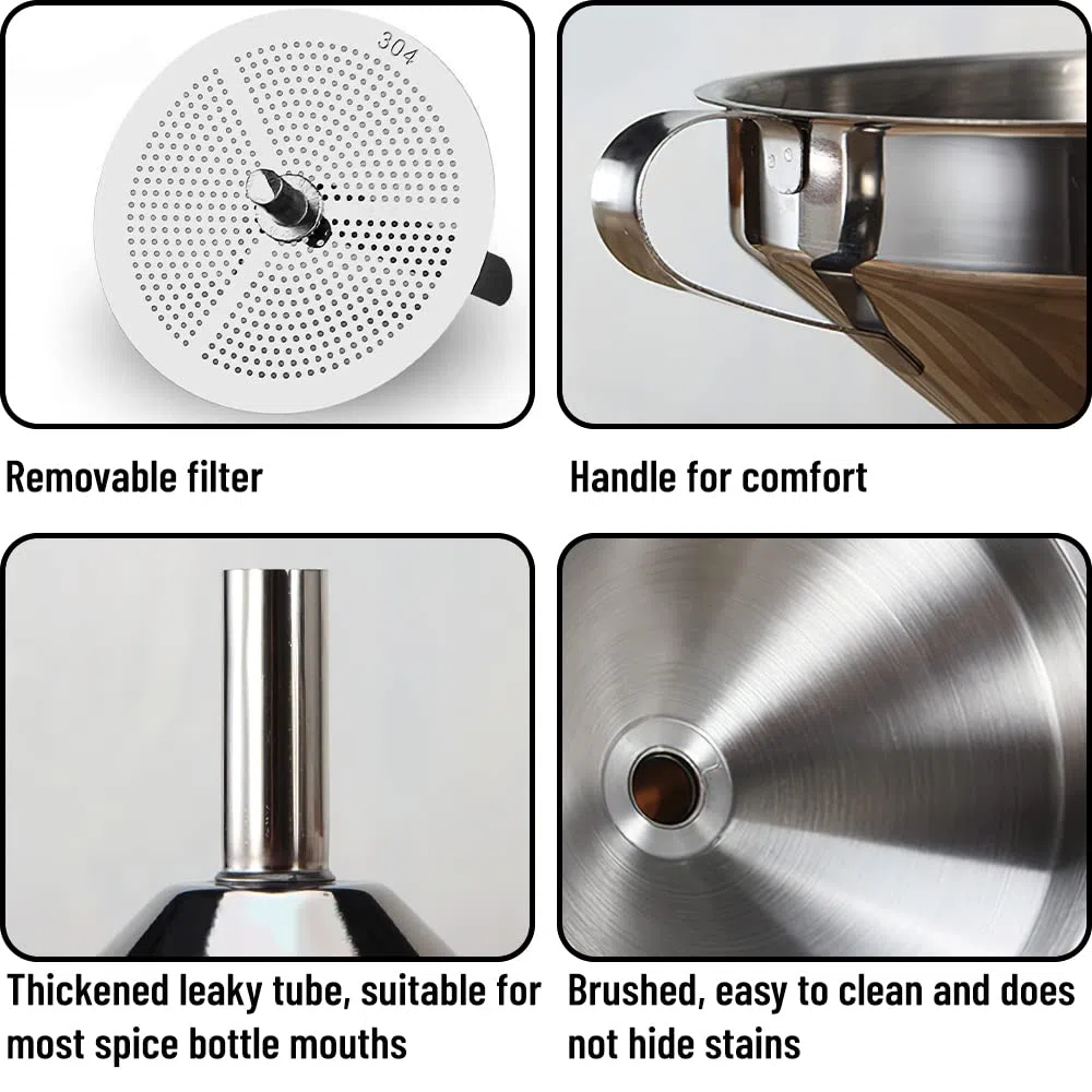Imbuto da Cucina con filtro, XiXiRan Imbuto Acciaio Inox 304 Piccolo Medio, con Filtro Rimovibile e Spazzola per Tubi (Ø13 e Ø7,8 cm)