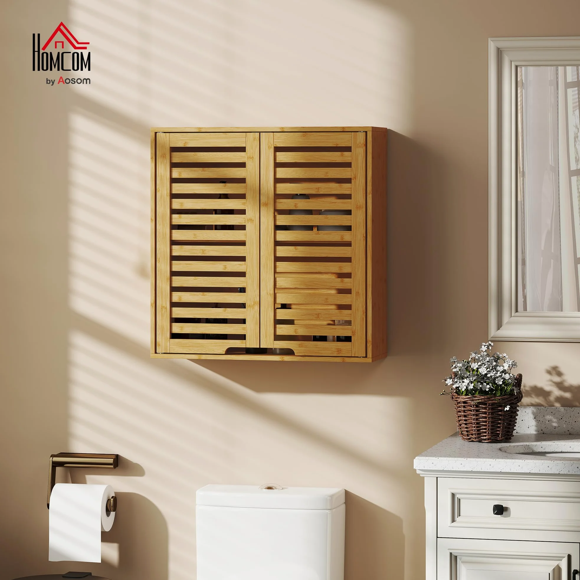 HOMCOM Pensile Bagno con Ante a Persiana in Bambù, Mobiletto Bagno Sospeso con Ripiano Interno Regolabile, 60x20x60 cm, Color Legno