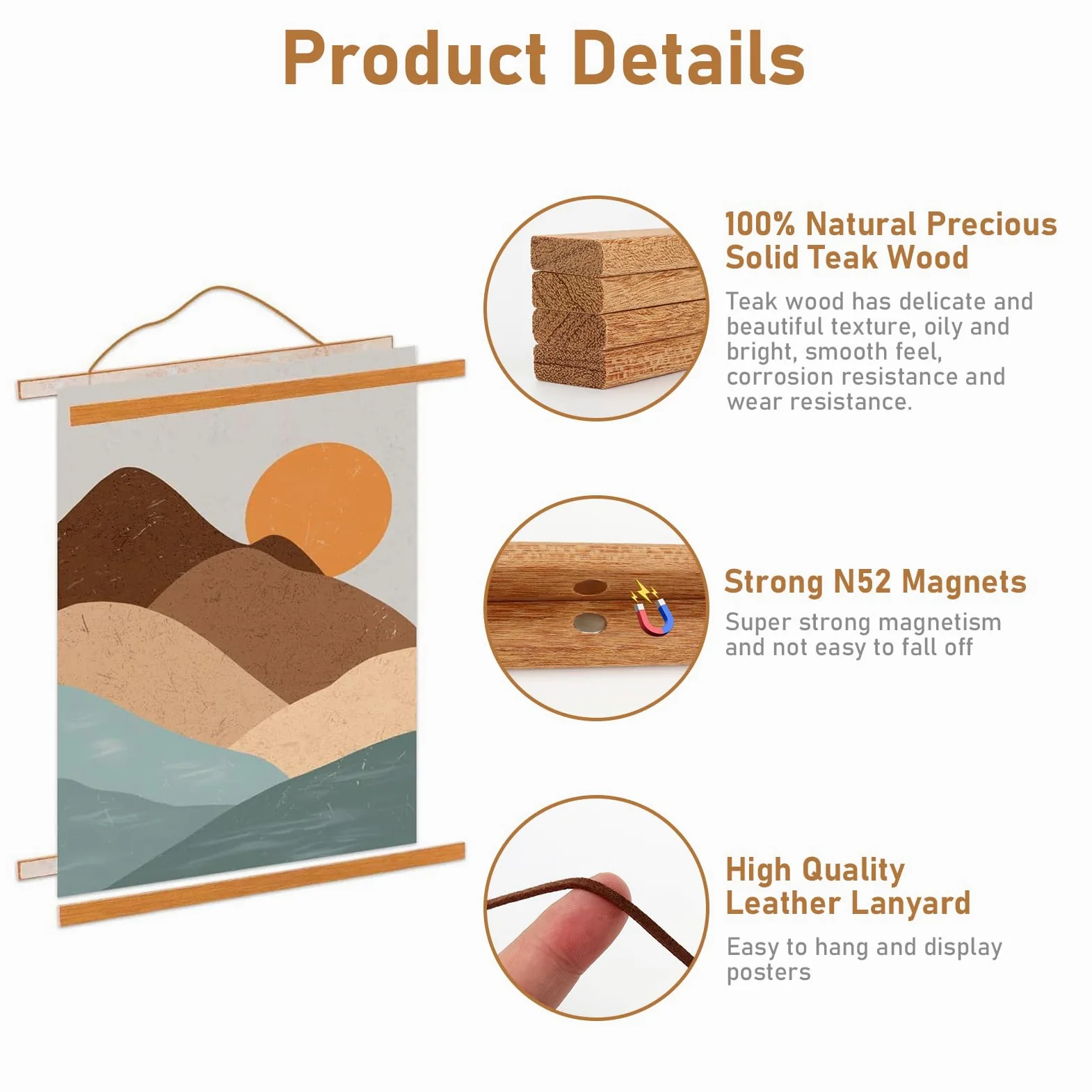 3 Supporti per Poster A4, Supporto Magnetico per Poster, Cornice in Legno di Teak per Appendere Poster (3 pezzi 21 cm)