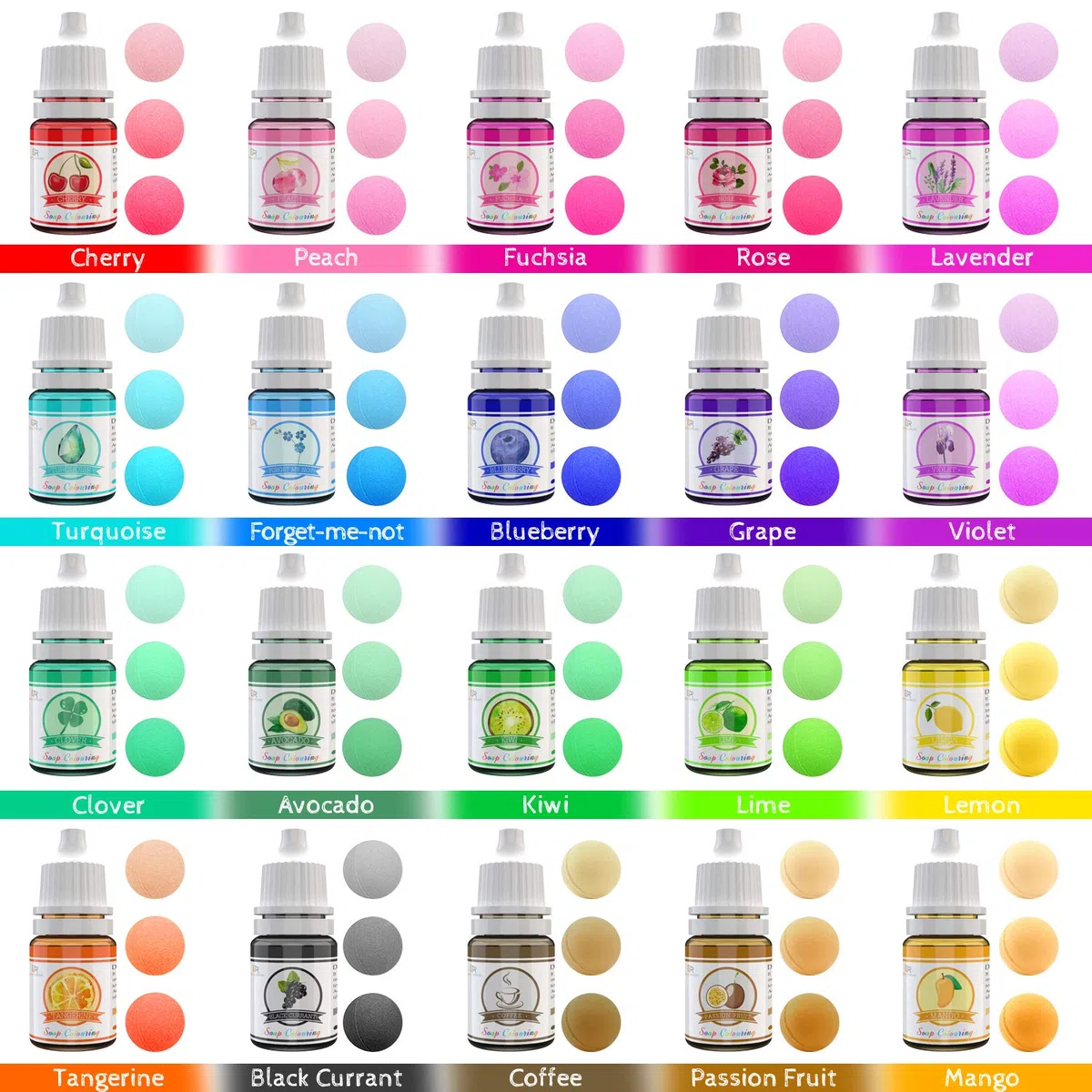 20 Coloranti per Bombe da Bagno per Produzione di Sapone Artigianali - Liquido Concentrato fai da te, Slime, Creazioni - Flaconi di 6ml