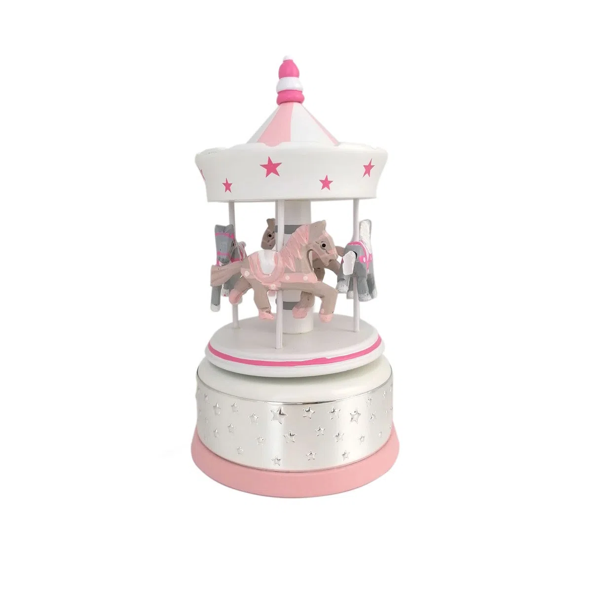 Valenti - Giostra Grande in Legno con Base in Argento Laminato di Colore Rosa con Cavallini e Carillon. cod: 21089 RA