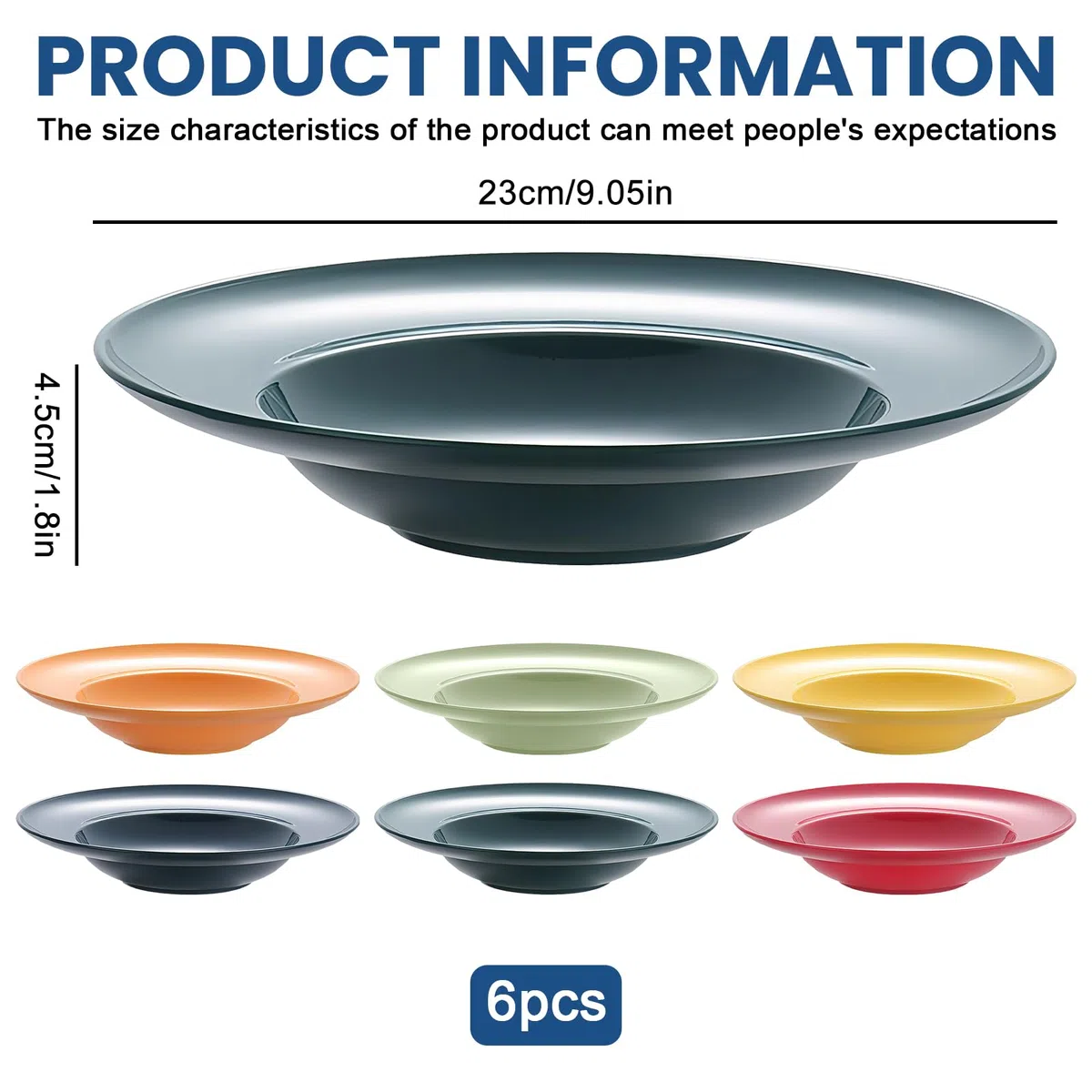 6 piatti per pasta profondi: set di piatti fondi da 23 cm in plastica riutilizzabile, piatti colorati per spaghetti, pasta, insalate, bistecche