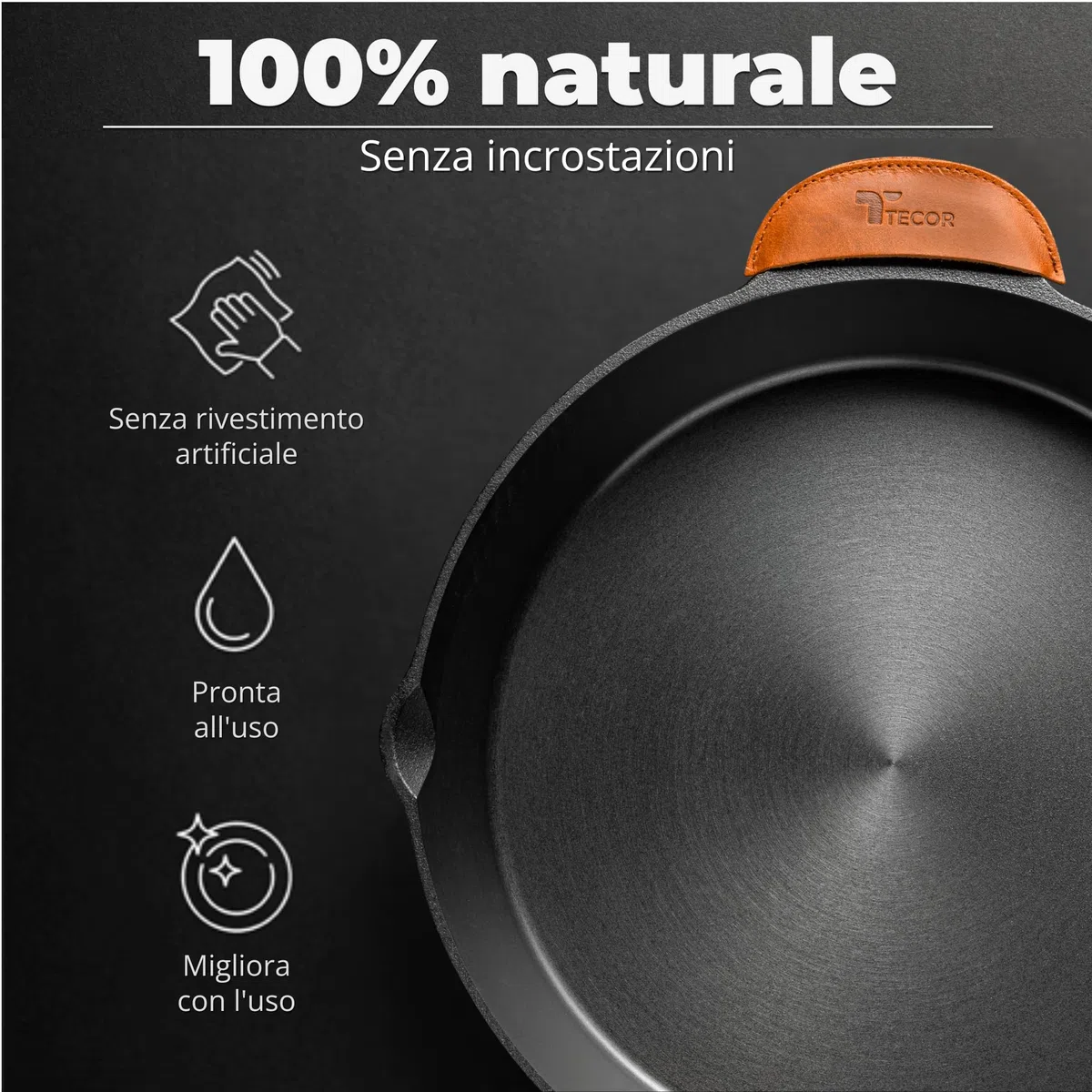 TECOR padella ghisa induzione 28 cm levigata - Naturalmente antiaderente e universale per tutte le fonti di calore - Resistente e versatile per cuochi amatoriali e professionisti - Cast Iron Skillet