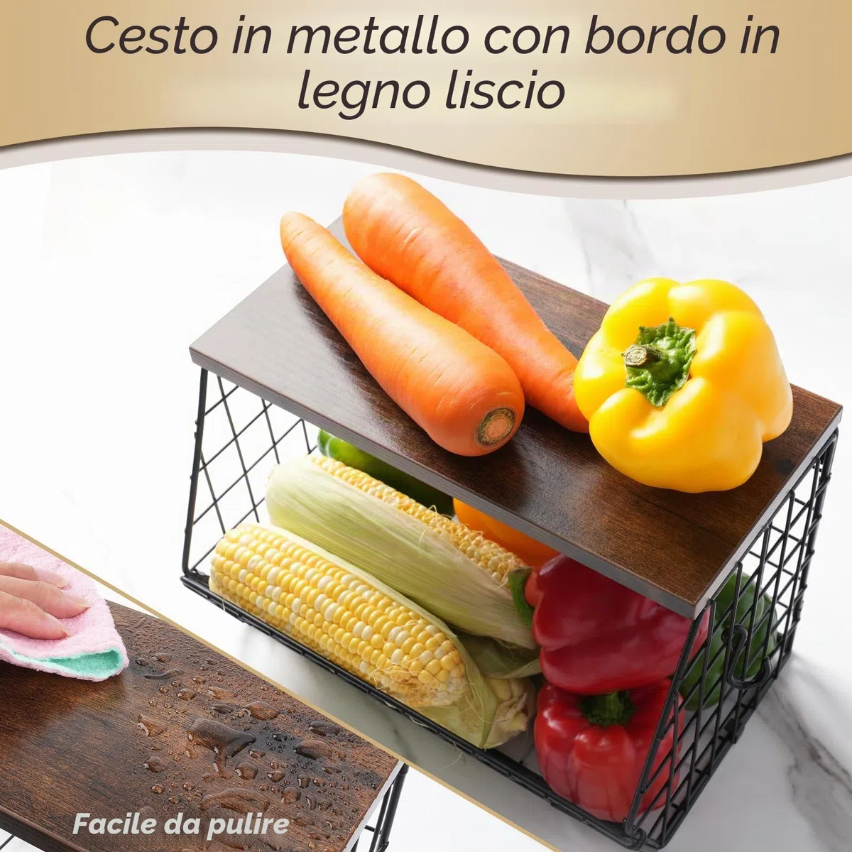 Mefirt Portafrutta 2 Livelli Cesto Frutta da Tavolo, 2 Pezzi Moderno con Coperchio in Legno, Impilabile e Montabile a Parete Cestino Frutta per Conservare Verdure Frutta Snack