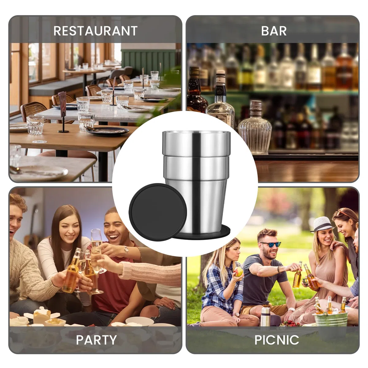 Set di 4 tazze in acciaio inox a doppia parete + silicone Coaster, impilabili, tazze da caffè/tè/bicchieri da birra, per casa, feste o campeggio, 6 once (175 ml)