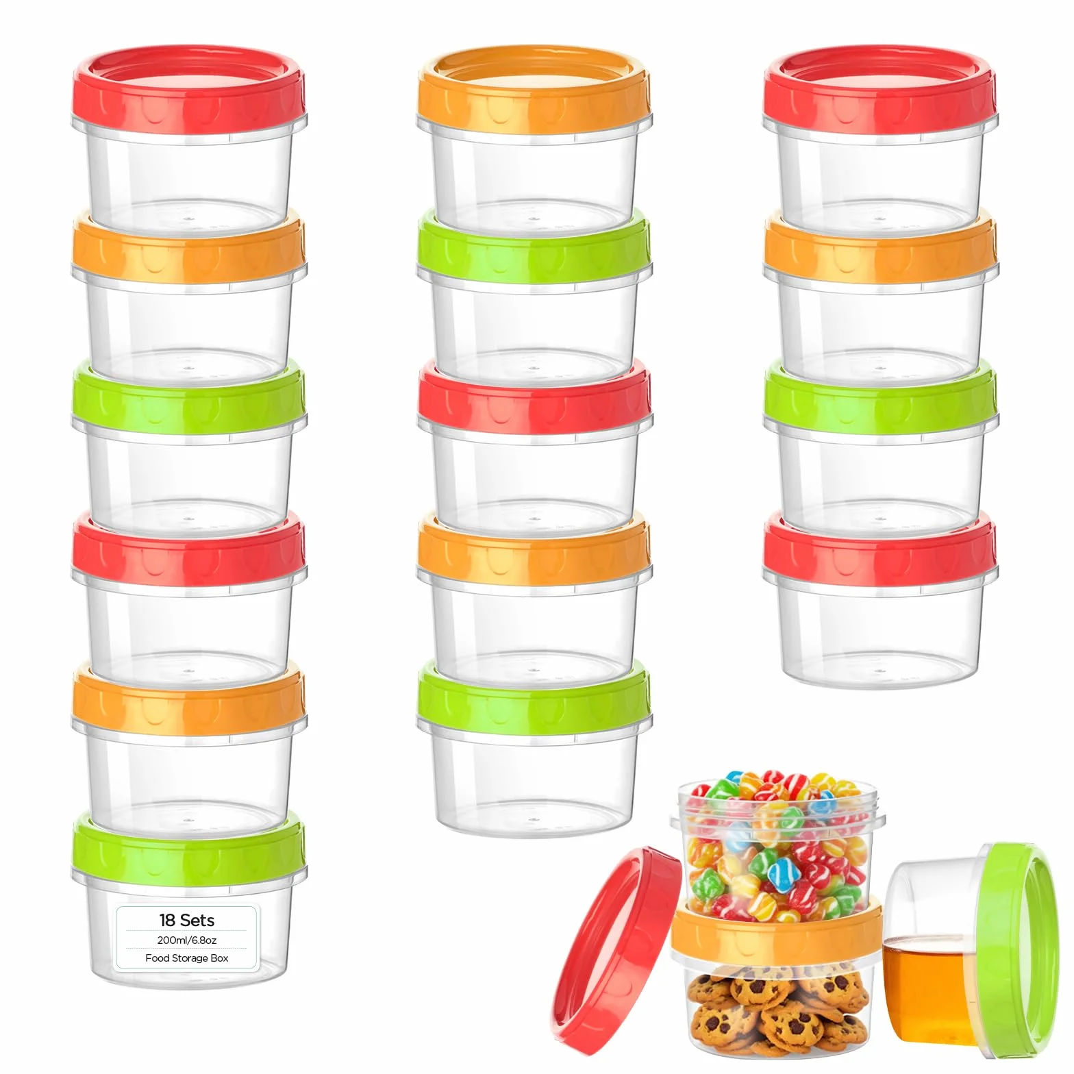 VINATO 18 Contenitori per Alimenti 200ml Ermetici Set Plastica Riutilizzabili con Coperchi Rosso Verde Arancione