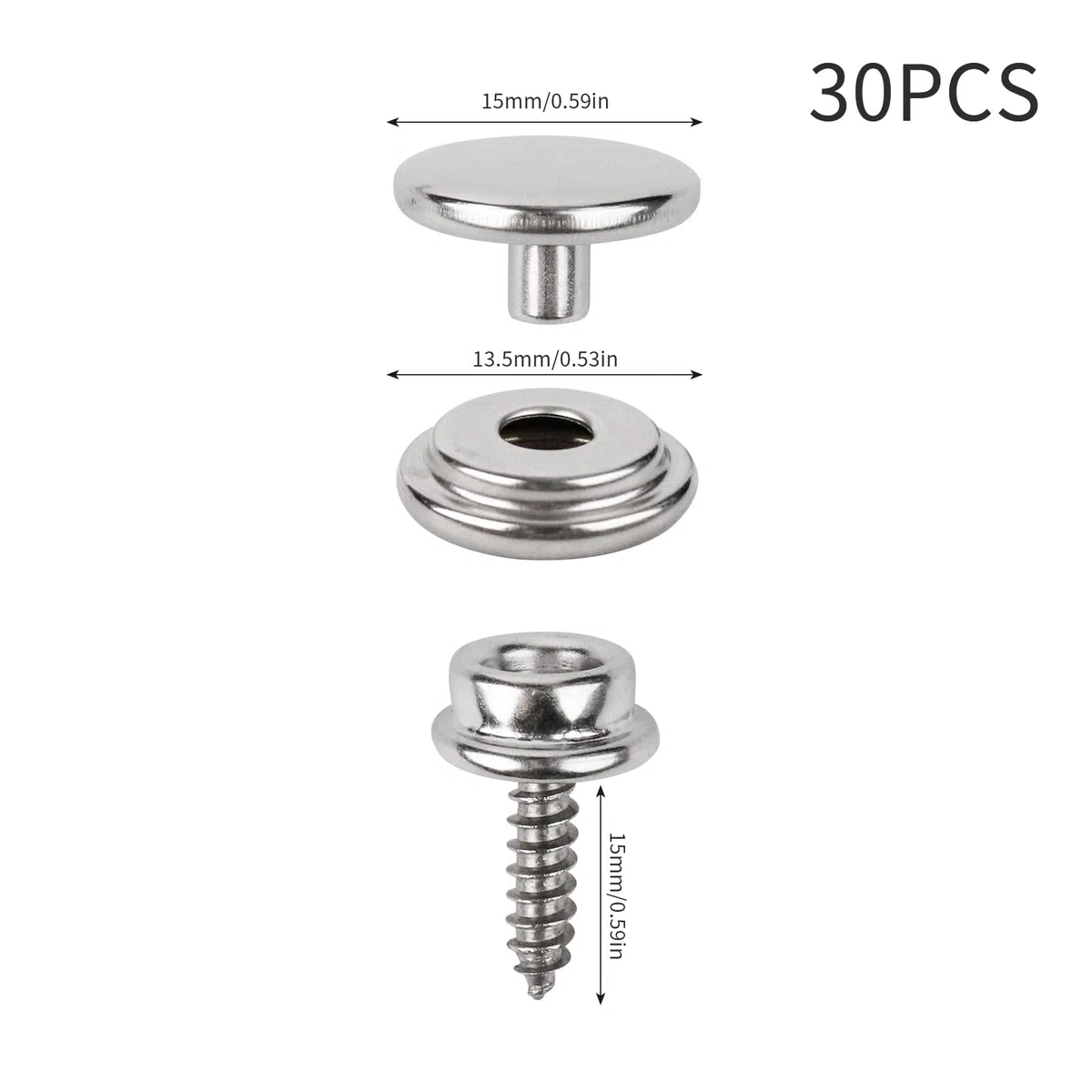 FRUHLING 30 chiusure a vite 15 mm in acciaio inox con bottoni a pressione a vite per teloni marini, teloni, tende per mobili, tele, tende per auto, pelle, 30 pezzi