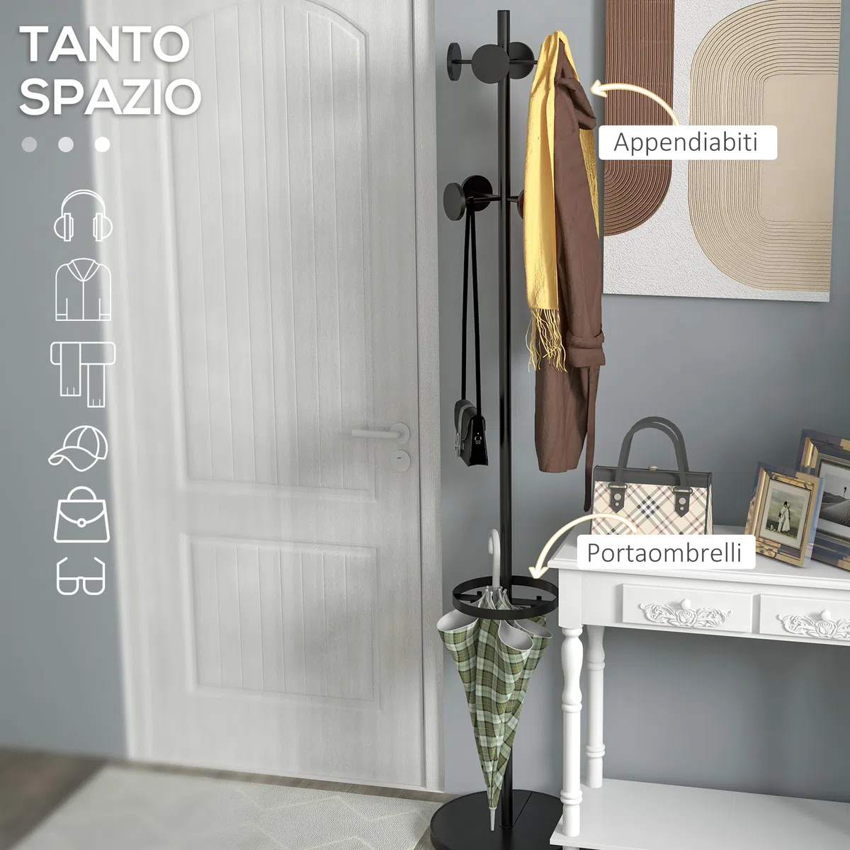 HOMCOM Appendiabiti da Terra con 8 Ganci in Metallo, Attaccapanni da Ingresso e Corridoio con Portaombrelli, Ø34 x 177cm, Nero