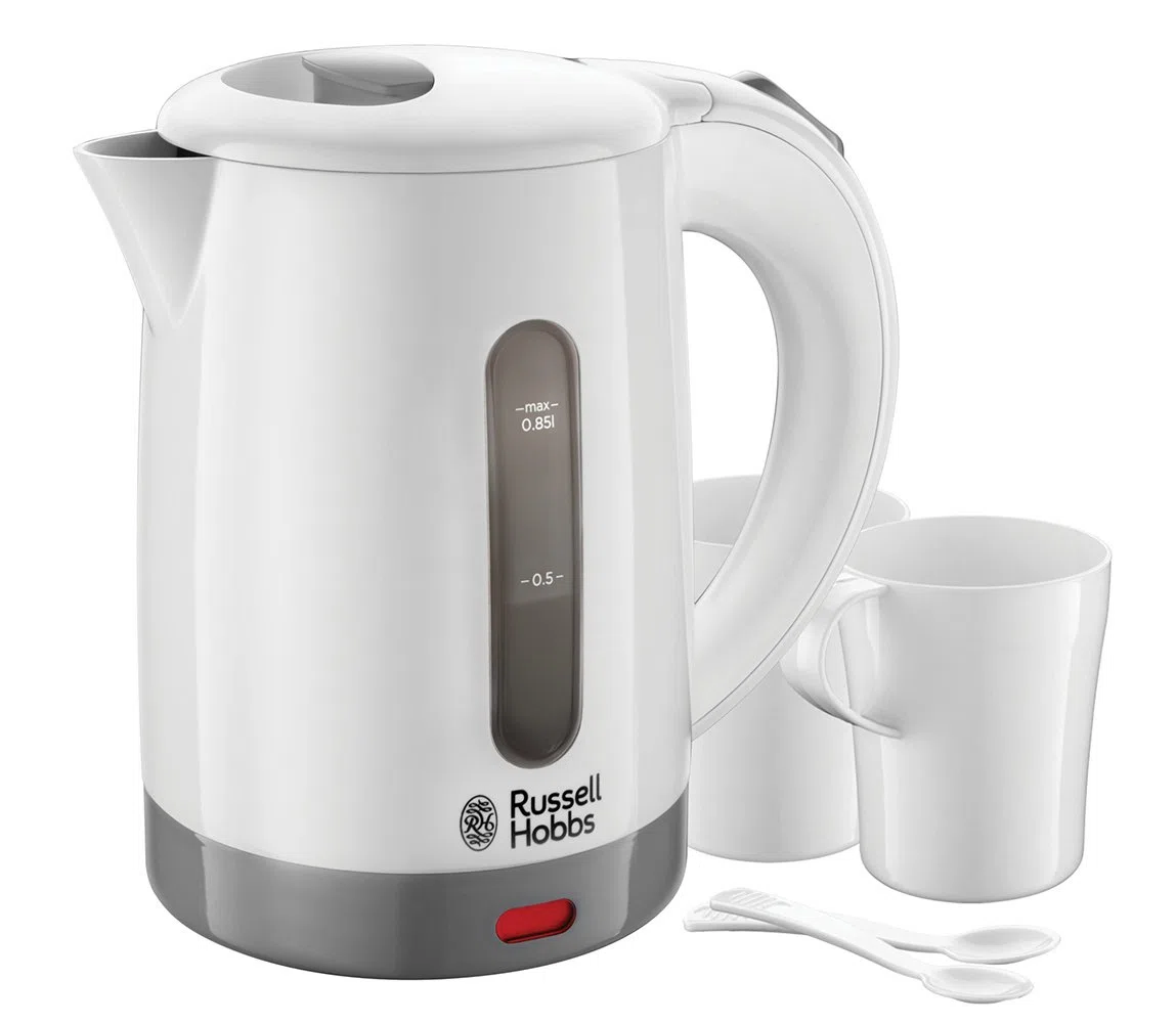 Russell Hobbs Bollitore acqua Elettrico da Viaggio, 0.85 L, 1000 W, 2 Tazze + 2 cucchiaini inclusi, tensione regolabile per uso in tutto il mondo, Filtro removibile, Plastica, Bianco, Travel 23840-70