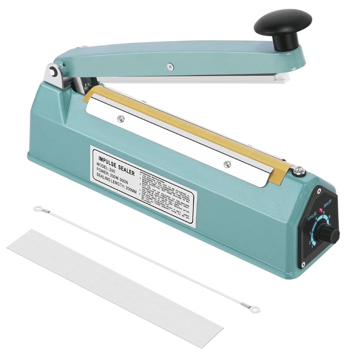 Flexzion 200 mm (8") Impulse Sealer (300W) – Kit di chiusura manuale in plastica con timer regolabile, portatile con elemento di ricambio e nastro in teflon