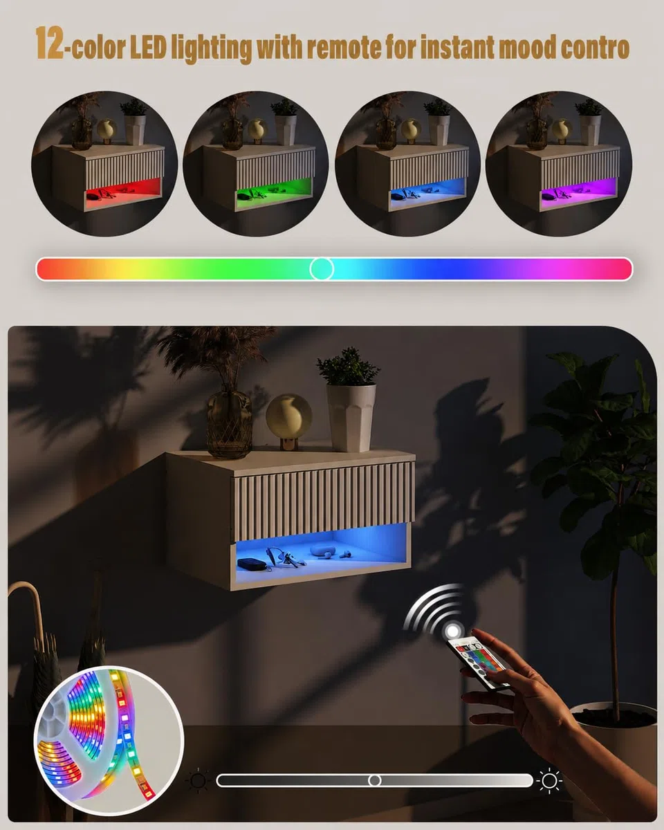 Set 2 Comodini Sospesi Bianchi Comodini da Parete con Cassetto e Vano Aperto Comodini Moderni per Camera da Letto Effetto RGB Decorativo 40 x 30 x 22,5 cm