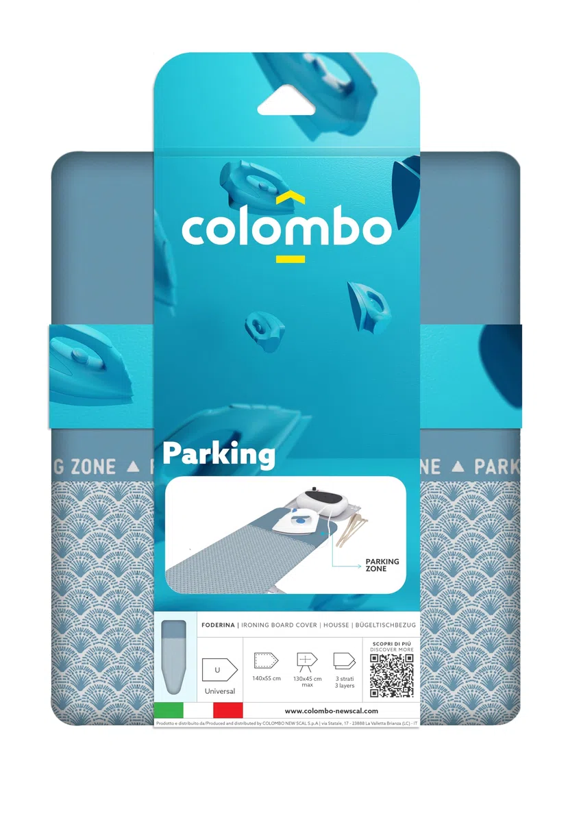 Colombo Copriasse da Stiro Parking 140x55 cm | Foderina di Ricambio per Asse da Stiro Tre Strati con Clip Fermanodo e Area Parcheggio per Ferro da Stiro | Made in Italy