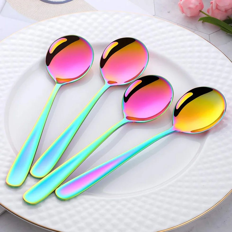 Cucchiaio per cereali, 18/10, in acciaio inox, 6 pezzi, lunghezza 17,5 cm, larghezza 4,5 cm, per porridge, cucchiaio da dessert Soup Spoons (arcobaleno)