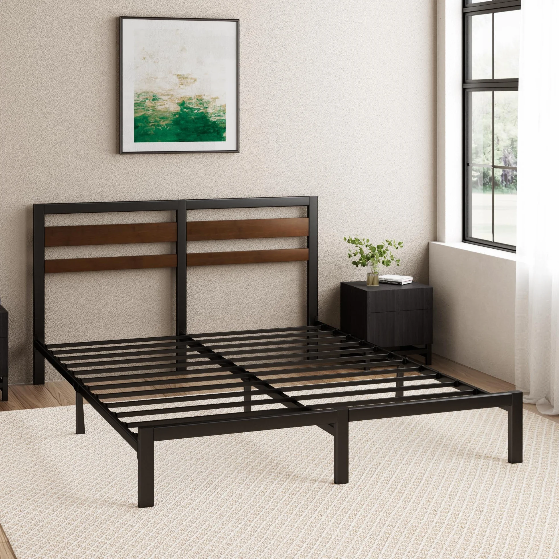 Zinus Kai Struttura Letto Singolo 80x190 cm con Testiera in Bambù - Rete Singola con Doghe in Metallo Incluse - Altezza 25.4 cm con Spazio Sottostante - Facile da Montare - Nero e Marrone