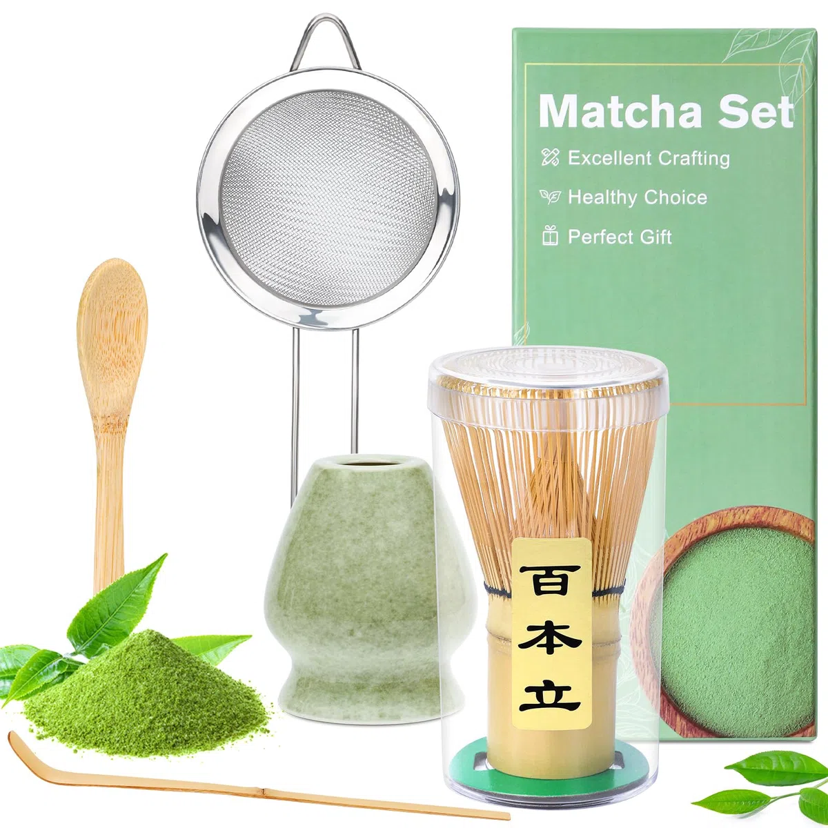 Alyvisun Matcha Kit, Matcha Set 5 Pièces AvecChasen Et Support Pour Fouet Matcha, Passoire, Cuillère À Thé, Spatule À Thé, Tea Kit a Pour Les Amoureux Du Matcha, Kit Matcha Débutants et Passionnés