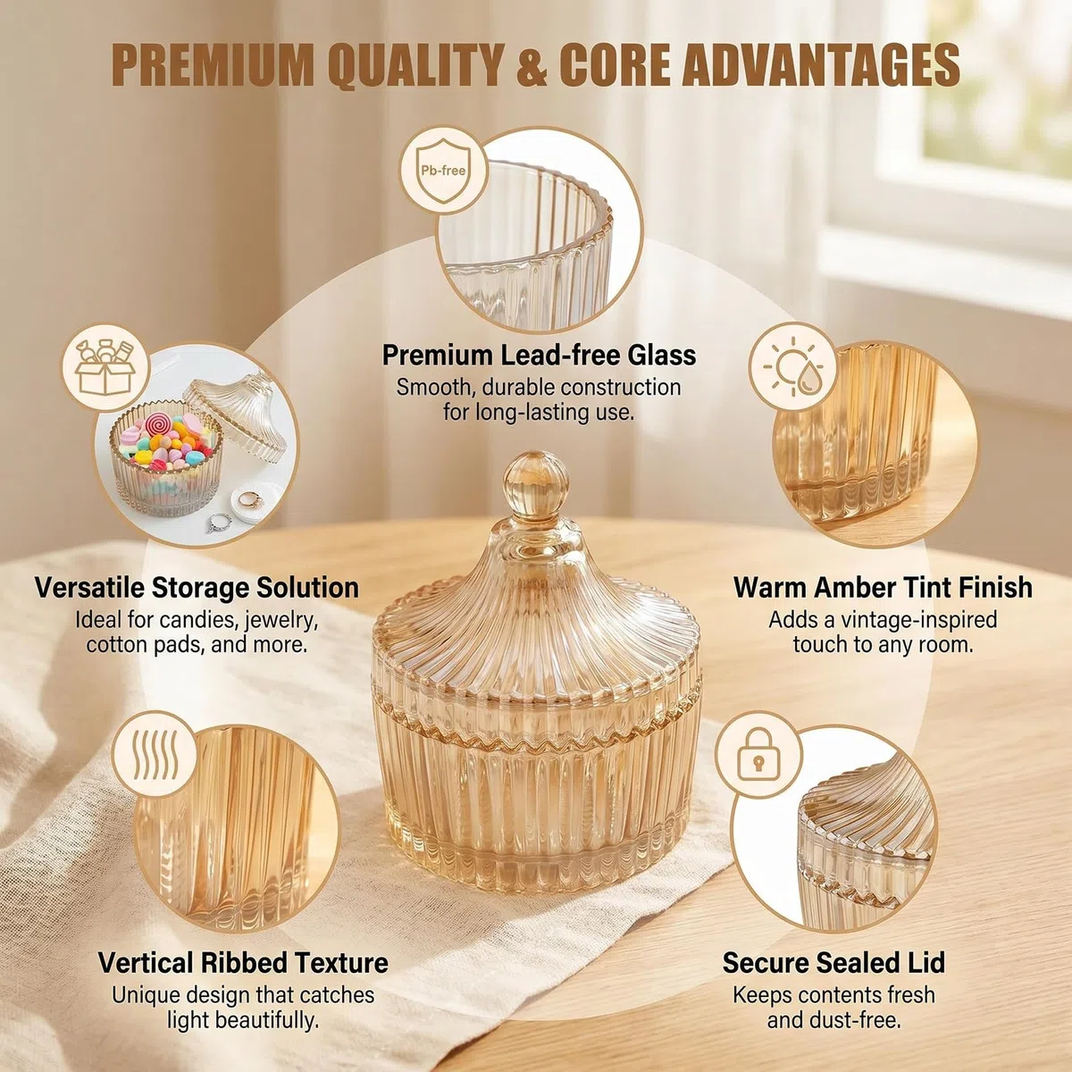 Piatto per caramelle in vetro con coperchio ciotola decorativa pervaso per caramelle coperto in cristallo vaso di caramelle per buffet da matrimonio vaso per alimenti a forma di tenda 300ml (Ambra)