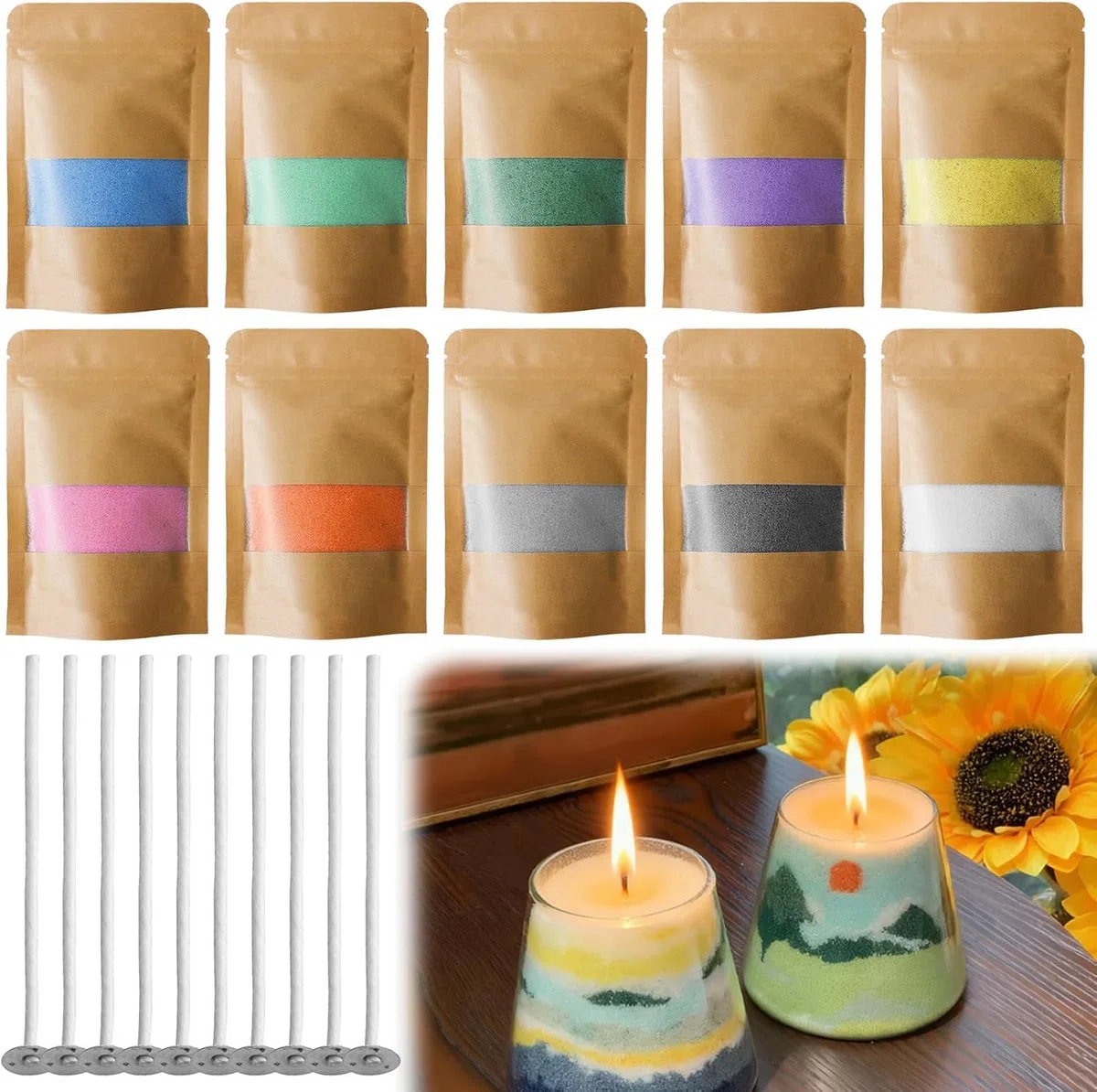 GBKDQQ Sabbia per candela con stoppino: 10 colori, granuli, 500 g, candele di sabbia, candele fai da te, set di granuli di cera per candele fai da te (80 stoppini da 10 cm)