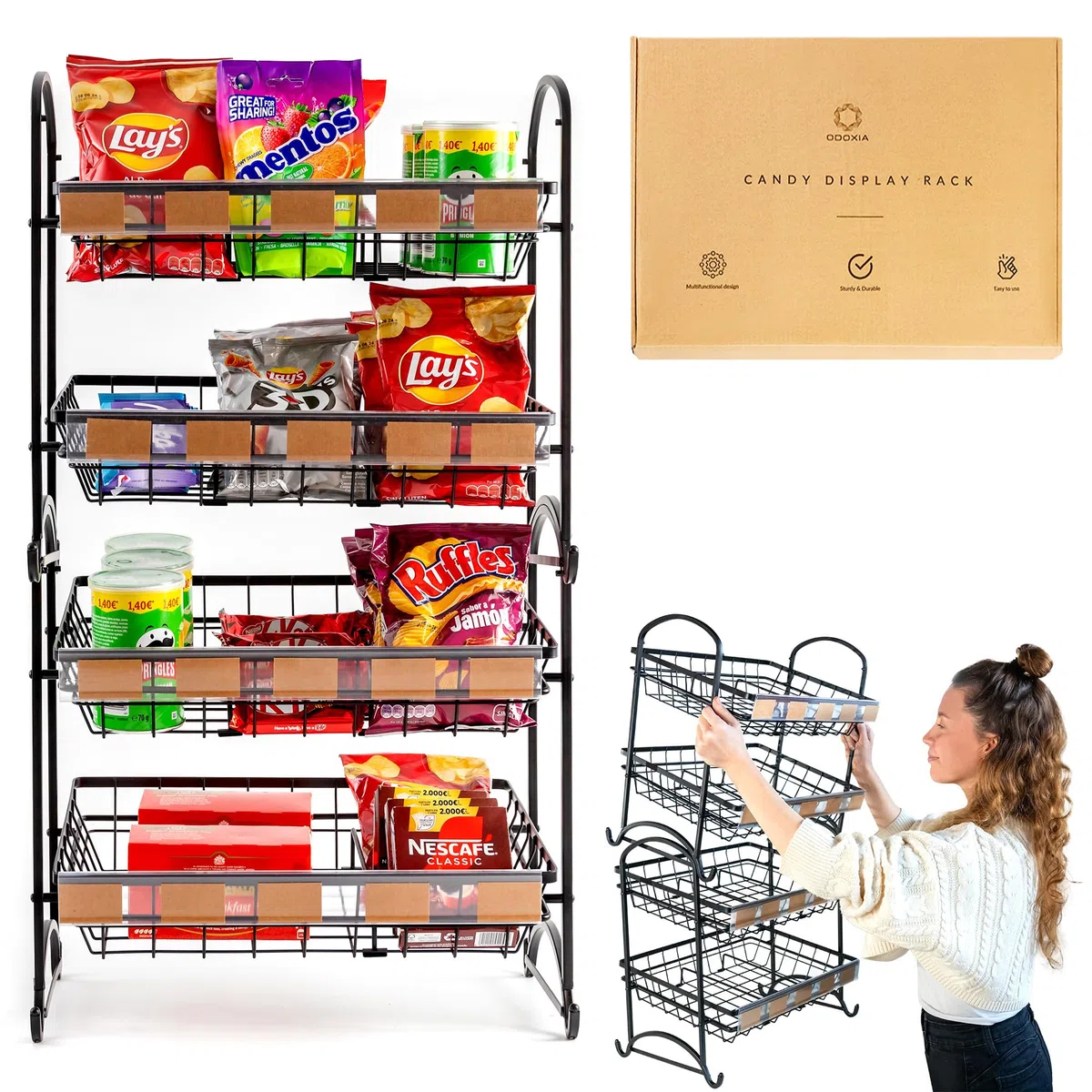 ODOXIA Espositore per caramelle | Organizzatore impilabile di caramelle | Organizzatore di snack per il piano di lavoro | Espositore per snack | Scaffale per chip per negozi | Candy Rack