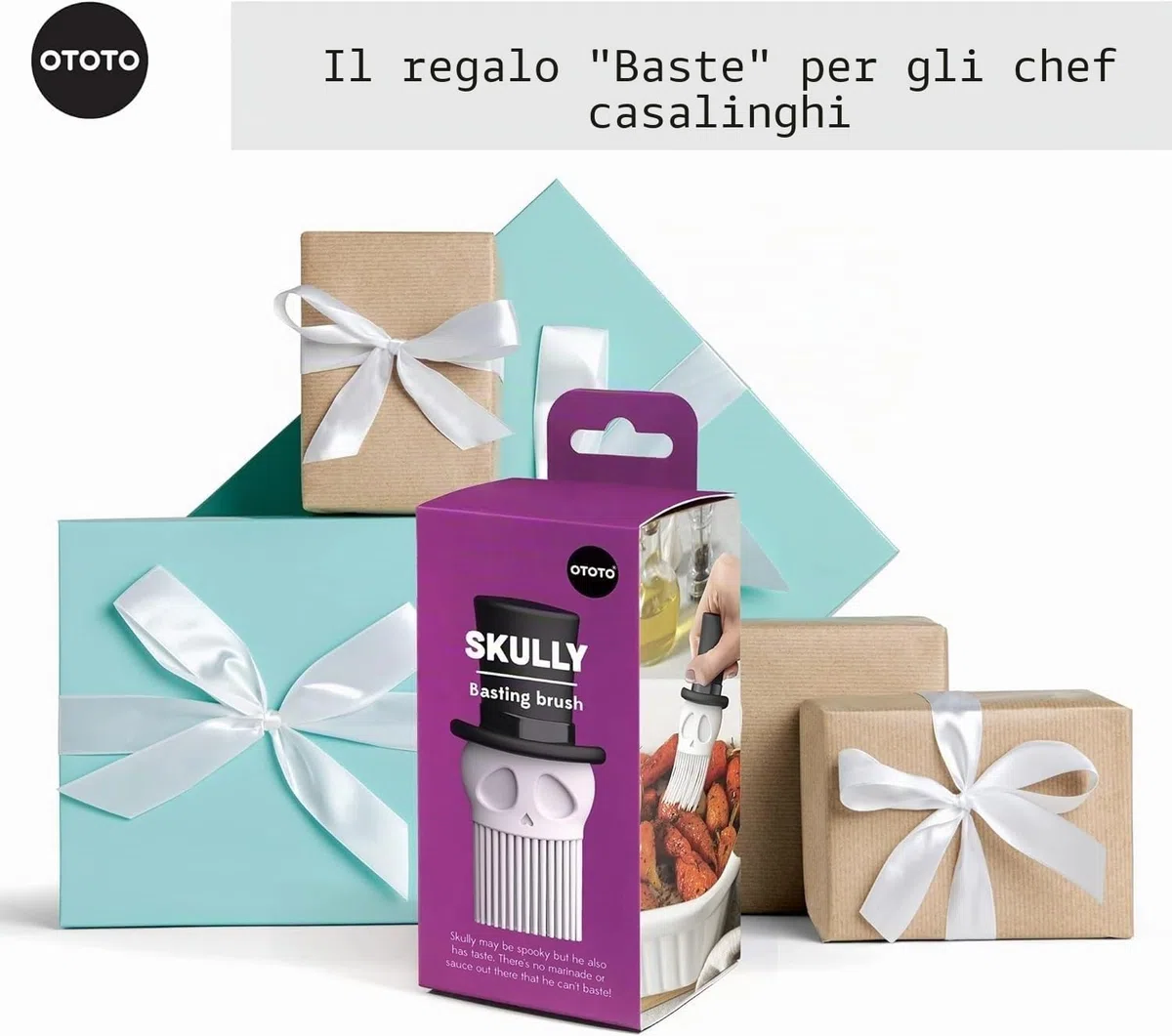 OTOTO Skully - Pennello da pasticceria in silicone, regalo da cucina, regali spettrali, accessori da cucina a forma di teschio, spazzola per cucinare - regalo da cucina, gadget da cucina, regali