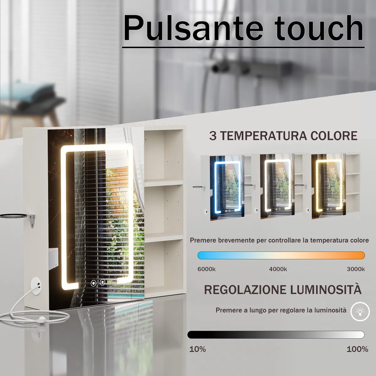 Specchio Bagno Contenitore con illuminazione e Antiappannamento Armadietto Bagno a Parete con 3 Mensola Regolabile e Porta asciugacapelli Luce a 3 colori Specchio Contenitore 60x60x15 cm Bianco
