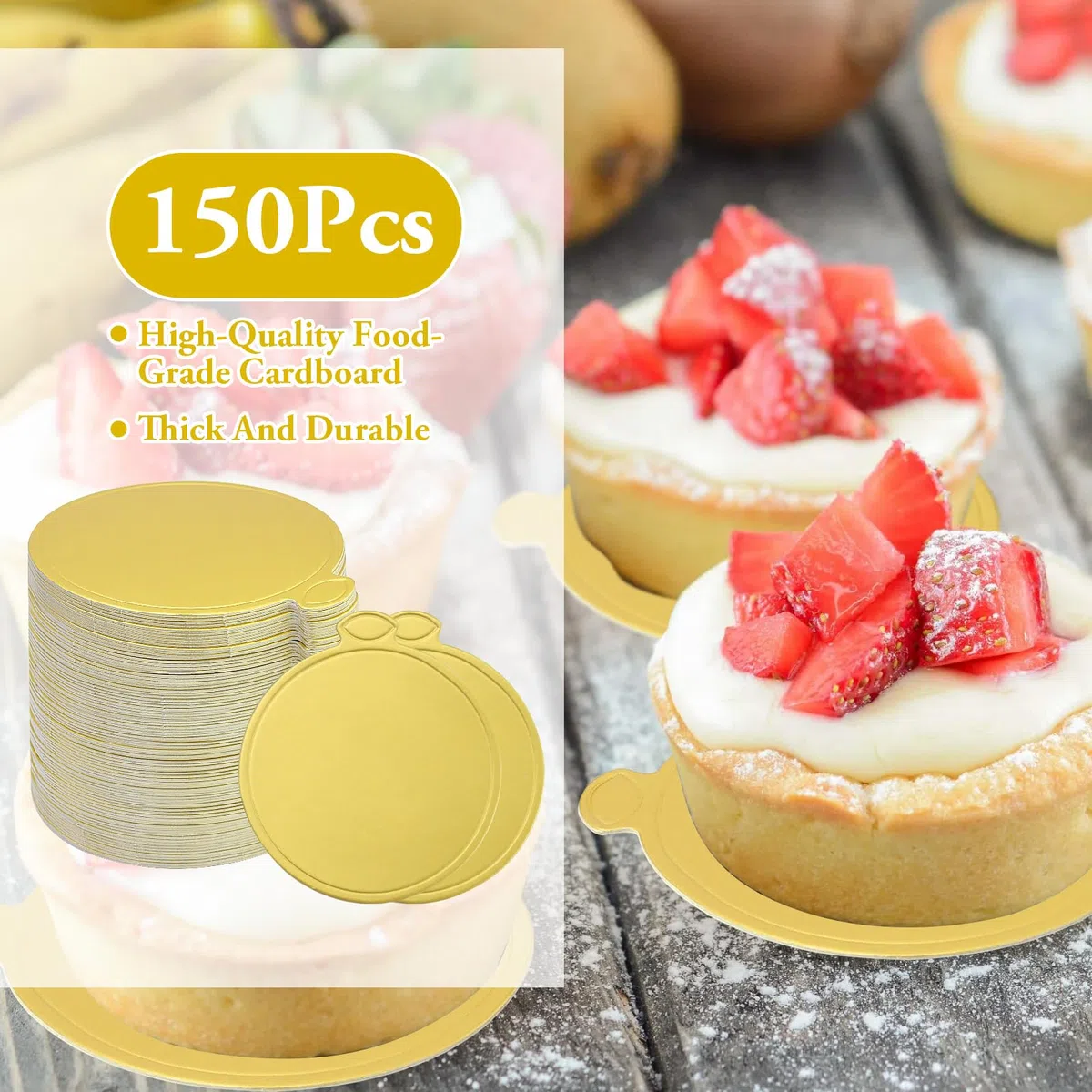 150 Pezzi Tavola per Mini Torte Alla Mousse, 9cm Mini d'oro Cake Basi Carta Dessert Display, Vassoio Rotondo in Cartone per Compleanno, Vacanza, Festa