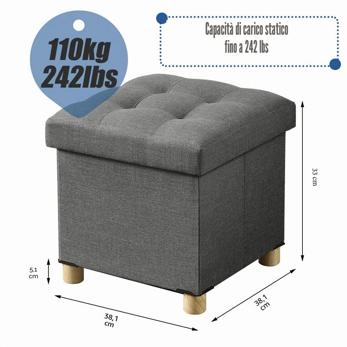 BRIAN & DANY Pouf Cubo Poggiapiedi Sgabello Contenitore Cassapanca Pieghevole 38 x 38 x 40 cm, Grigio