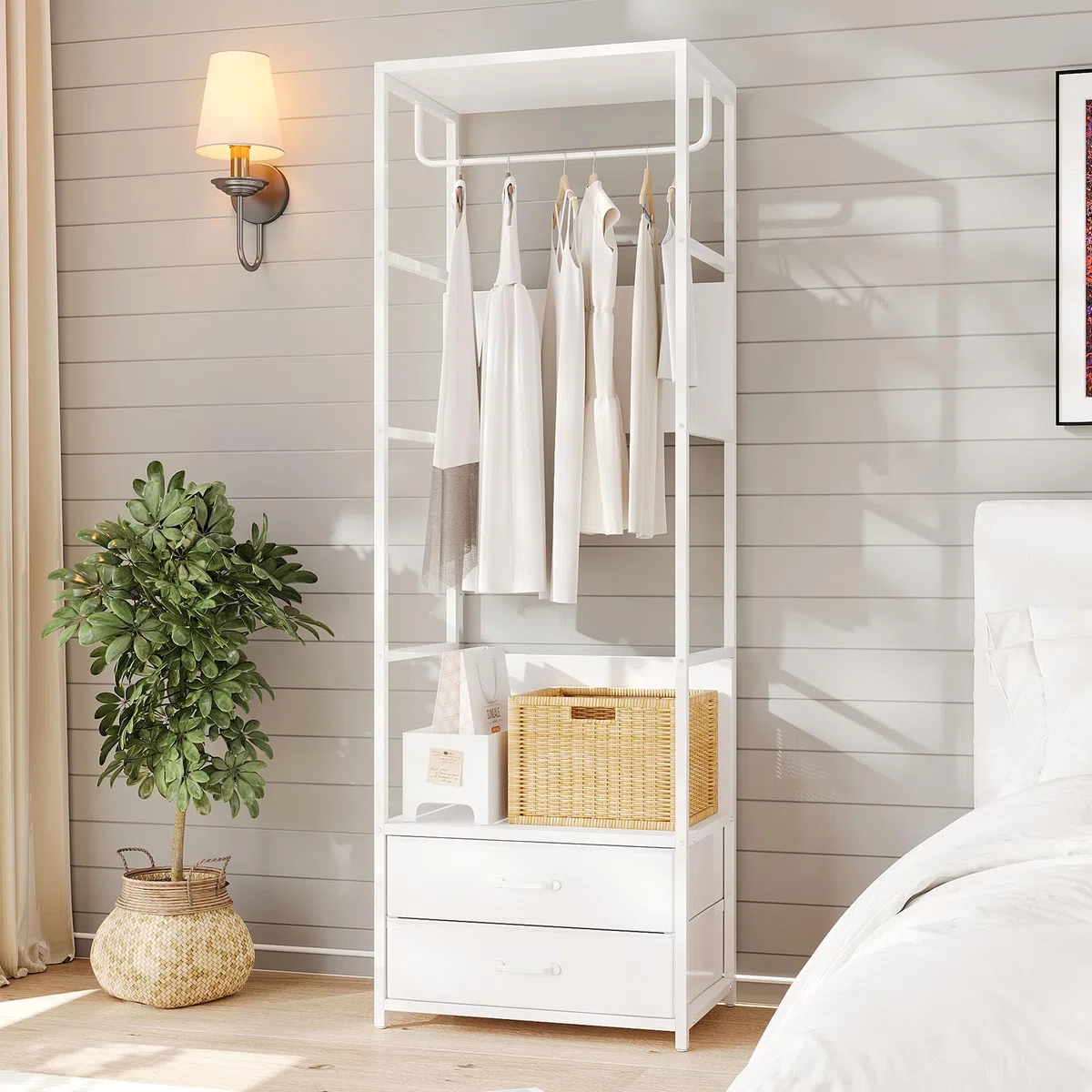 VOWNER Appendiabiti da Terra, Mobile Ingresso con Panca, Attaccapanni con Barra e 2 Cassetti, 4 in 1, Stand Appendiabiti in Acciaio Inox, per Corridoio e Camera da Letto, 60 x 40 x 180 cm