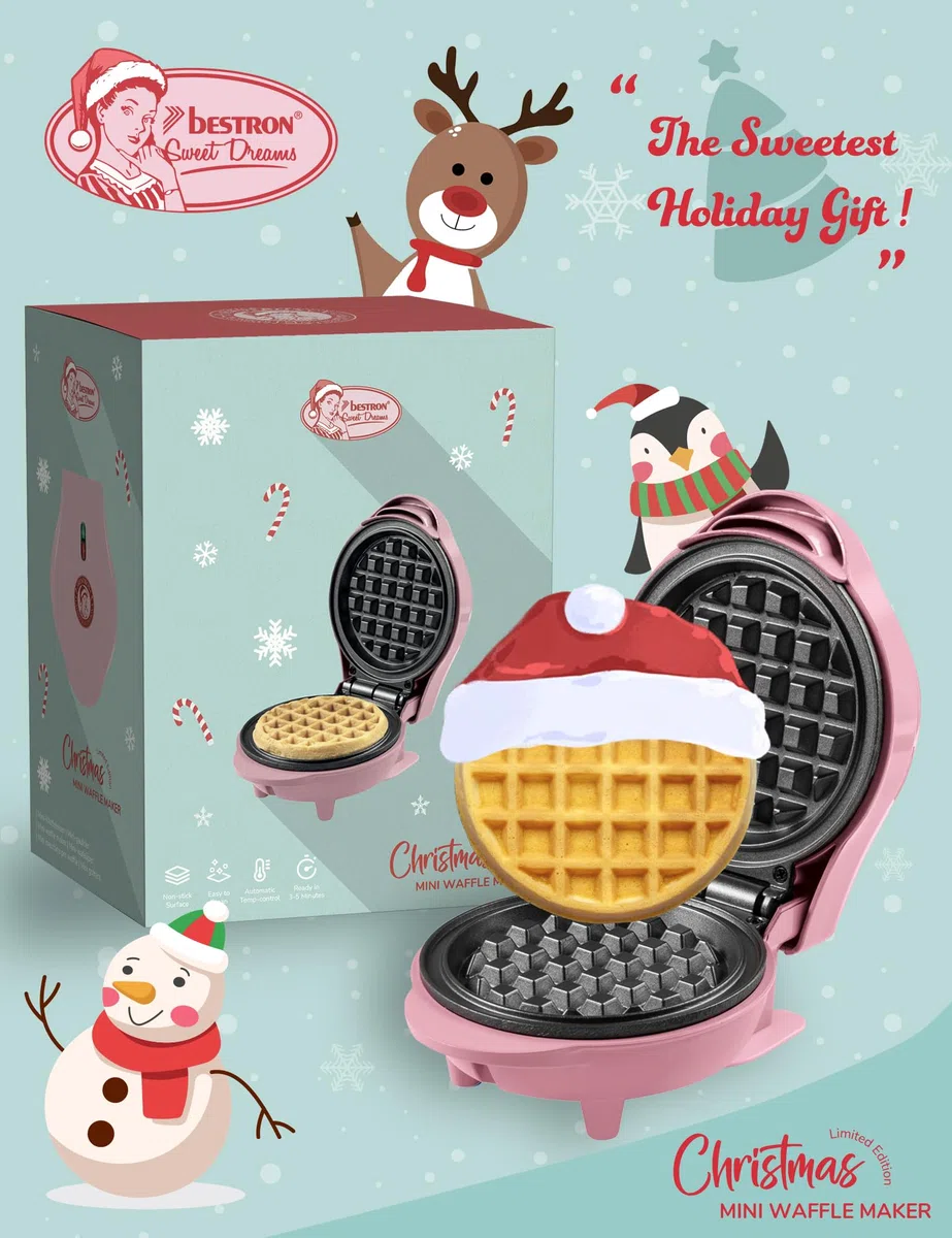Bestron Piastra per Waffle in Edizione Natalizia, Edizione Limitata, Macchina per Waffle con Rivestimento Antiaderente, per Natale, Feste o come Regalo, Dimensione Waffle 10 cm, Colore: Rosa opaco