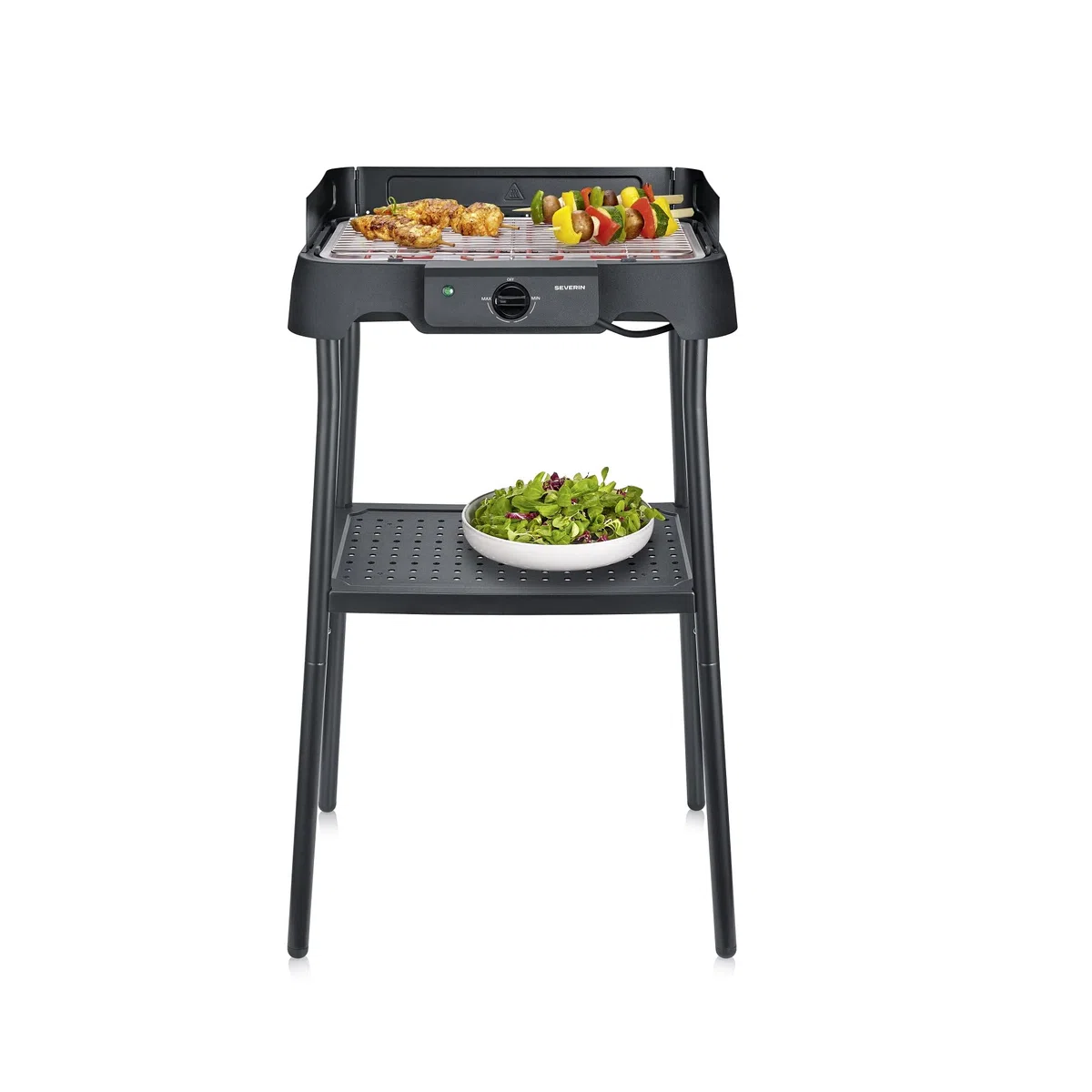 Severin Barbecue elettrico con supporto, temperatura regolabile 35-200 gradi Celsius, riscaldamento rapido, 38 x 22 cm, griglia da tavolo con vassoio di raccolta, griglia in acciaio inox, griglia da